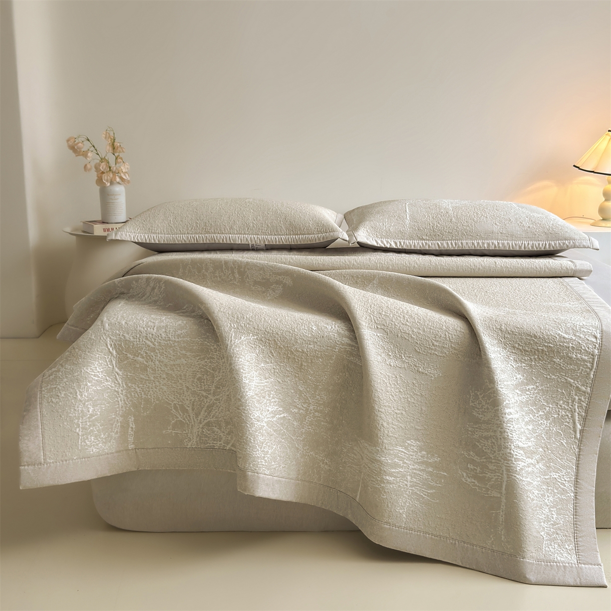 91家纺网 家纺一手货源 找家纺 慕木家纺 2026新品高端复合三明治PE乙纶双面提花610克冰豆豆凉席水墨丹青系列（提供买家秀） 床席款水墨丹青-卡其