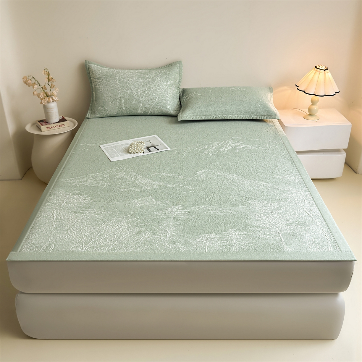 91家纺网 家纺一手货源 找家纺 慕木家纺 2026新品高端复合三明治PE乙纶双面提花610克冰豆豆凉席水墨丹青系列（提供买家秀） 床席款水墨丹青-绿