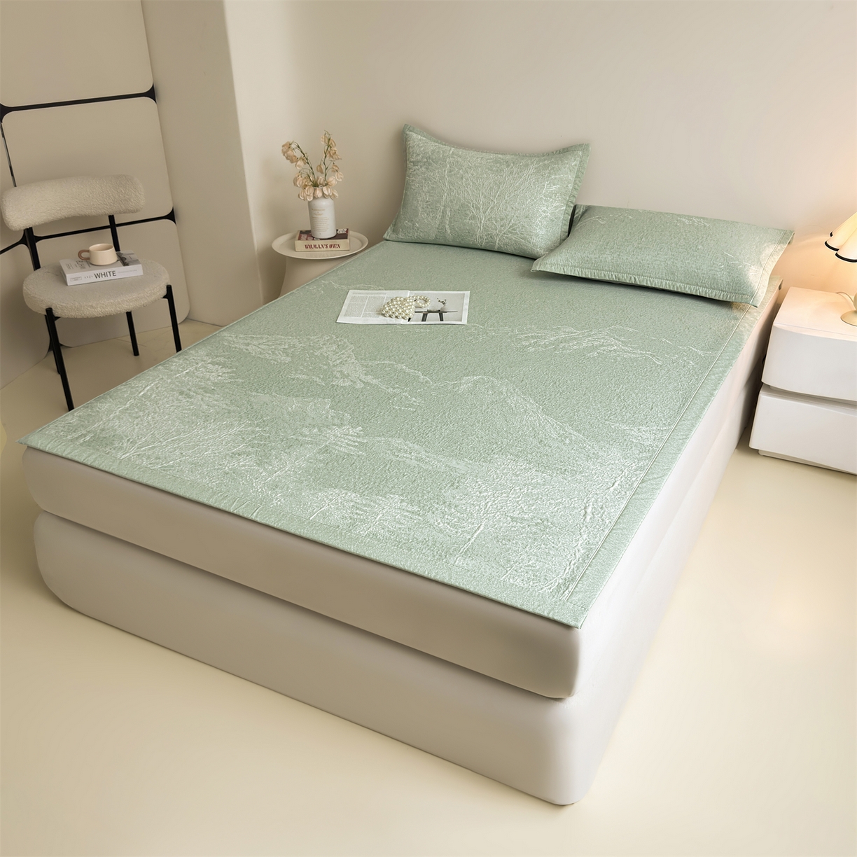 91家纺网 家纺一手货源 找家纺 慕木家纺 2026新品高端复合三明治PE乙纶双面提花610克冰豆豆凉席水墨丹青系列（提供买家秀） 床席款水墨丹青-绿