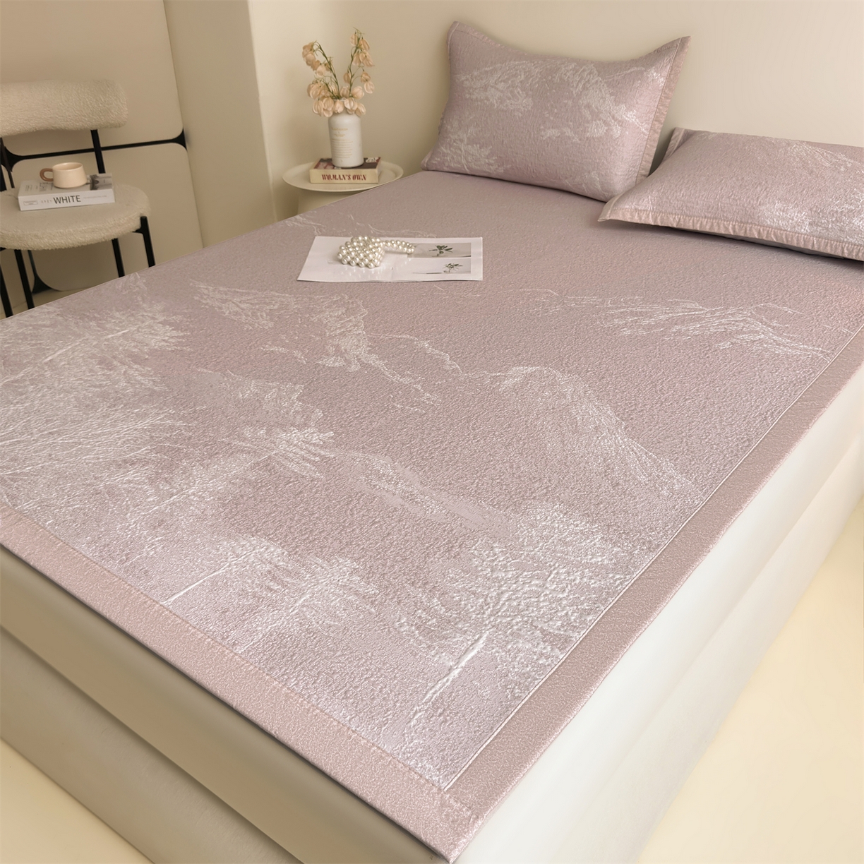 91家纺网 家纺一手货源 找家纺 慕木家纺 2026新品高端复合三明治PE乙纶双面提花610克冰豆豆凉席水墨丹青系列（提供买家秀） 床席款水墨丹青-粉