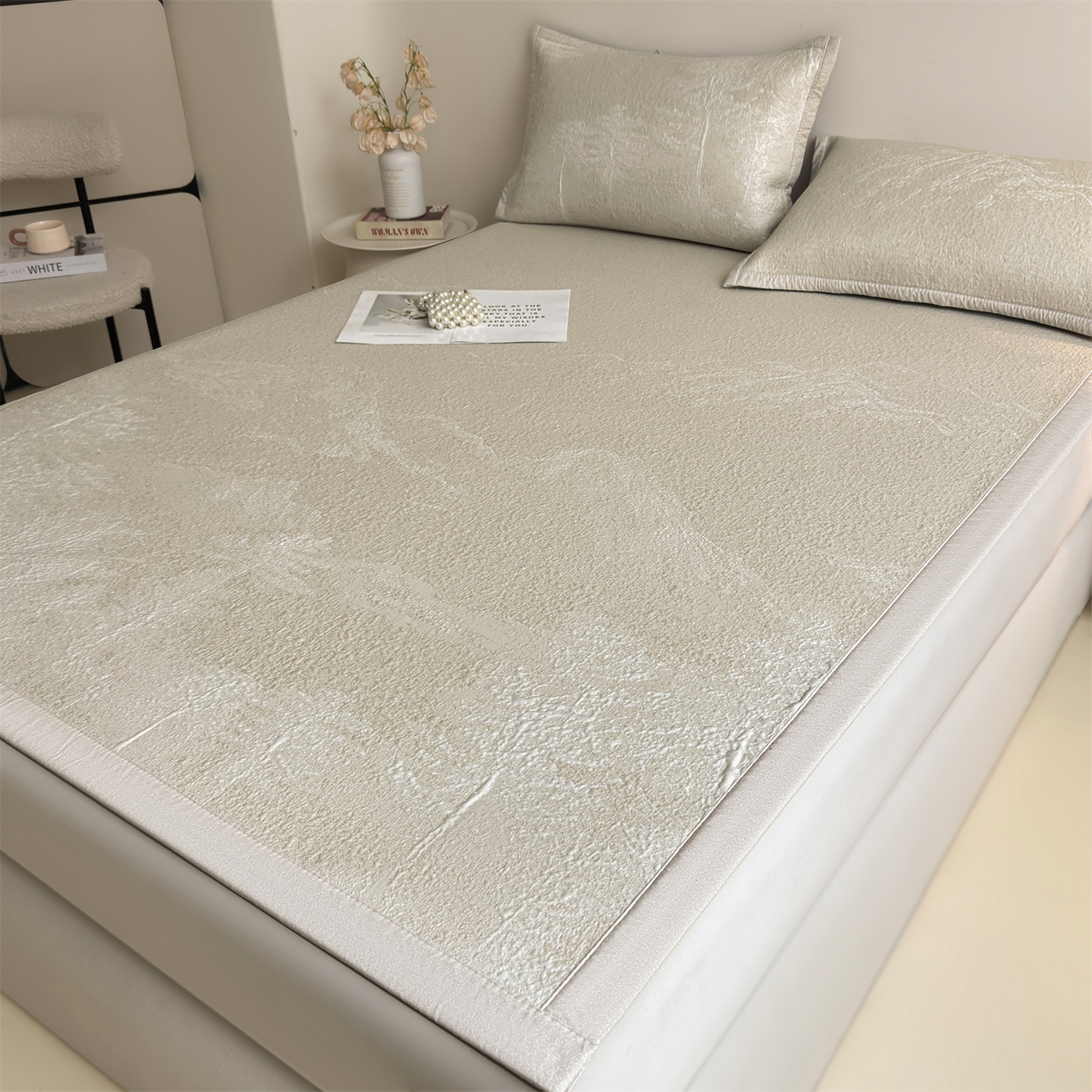 91家纺网 家纺一手货源 找家纺 慕木家纺 2026新品高端复合三明治PE乙纶双面提花610克冰豆豆凉席水墨丹青系列（提供买家秀） 床席款水墨丹青-卡其