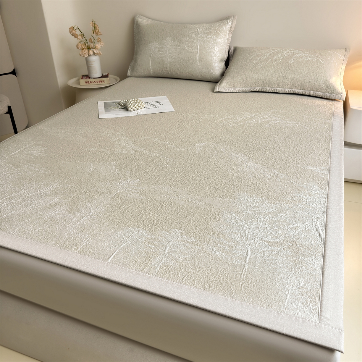 91家纺网 家纺一手货源 找家纺 慕木家纺 2026新品高端复合三明治PE乙纶双面提花610克冰豆豆凉席水墨丹青系列（提供买家秀） 床席款水墨丹青-卡其