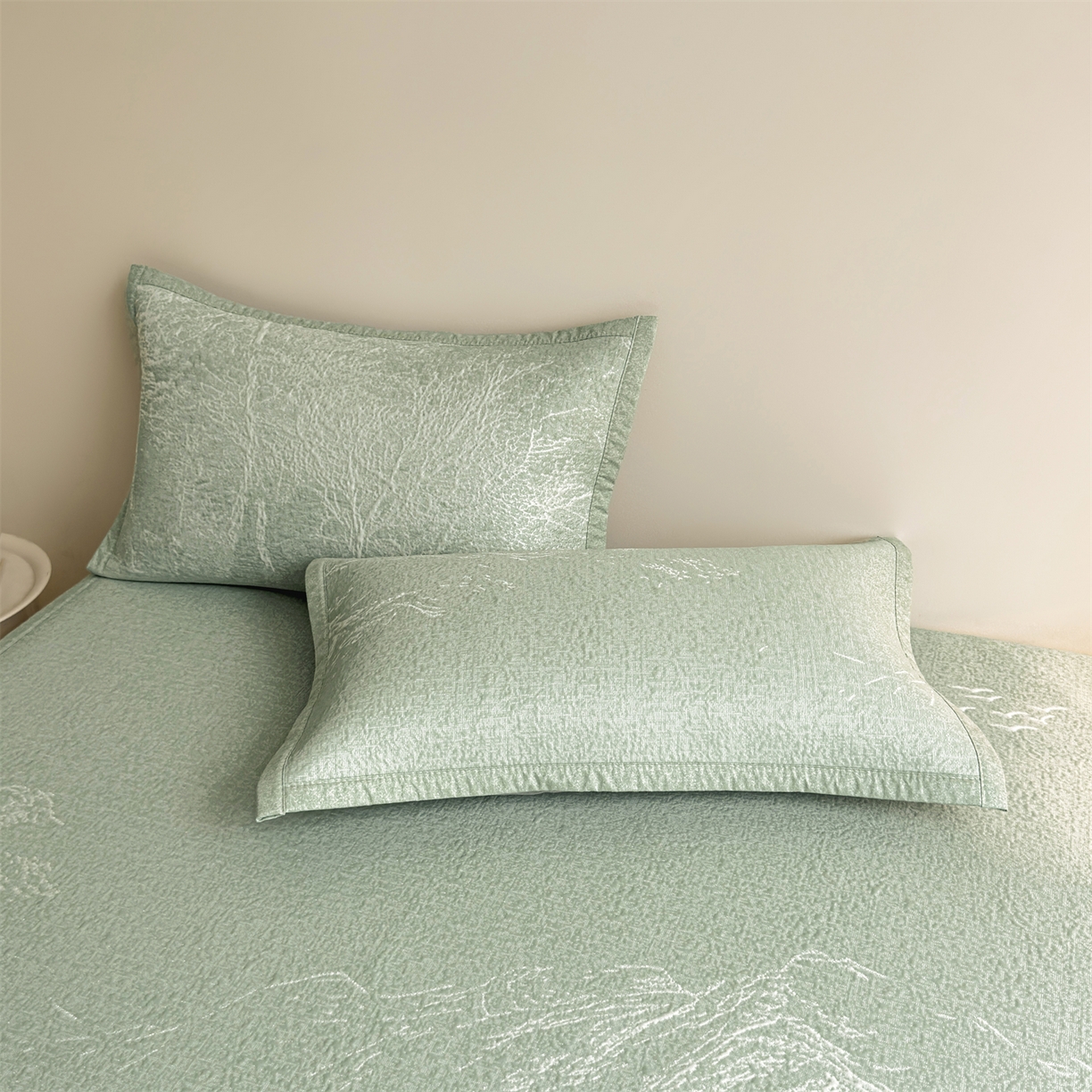 91家纺网 家纺一手货源 找家纺 慕木家纺 2026新品高端复合三明治PE乙纶双面提花610克冰豆豆凉席水墨丹青系列（提供买家秀） 床席款水墨丹青-绿