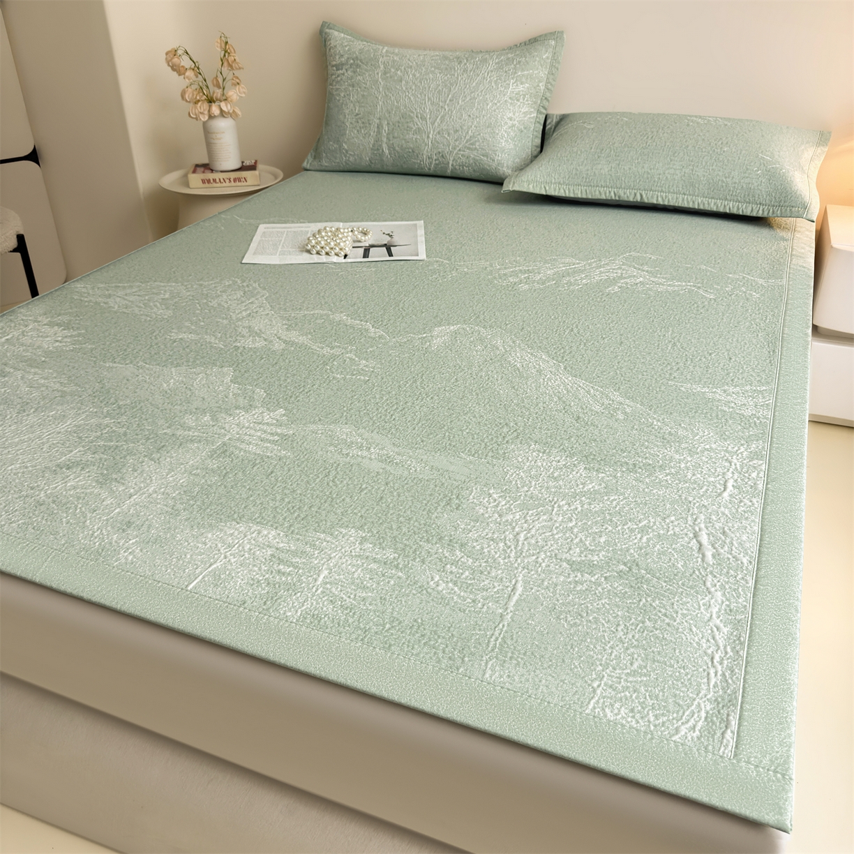 91家纺网 家纺一手货源 找家纺 慕木家纺 2026新品高端复合三明治PE乙纶双面提花610克冰豆豆凉席水墨丹青系列（提供买家秀） 床席款水墨丹青-绿