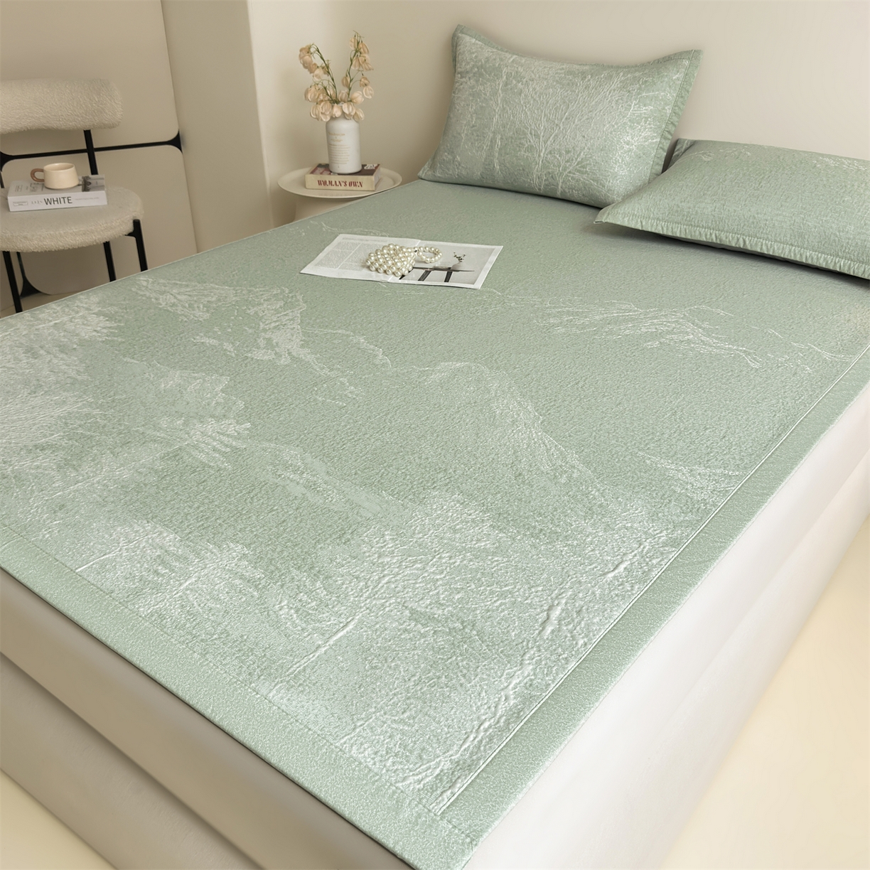 91家纺网 家纺一手货源 找家纺 慕木家纺 2026新品高端复合三明治PE乙纶双面提花610克冰豆豆凉席水墨丹青系列（提供买家秀） 床席款水墨丹青-绿