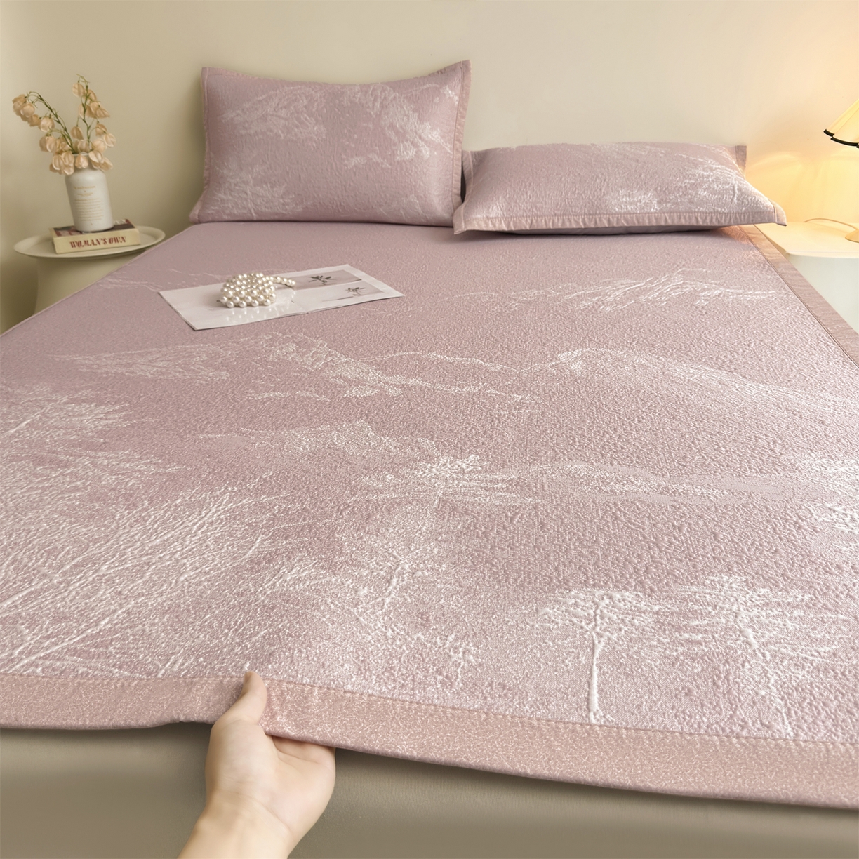 慕木家纺 2026新品高端复合三明治PE乙纶双面提花610克冰豆豆凉席水墨丹青系列（提供买家秀） 床席款水墨丹青-粉