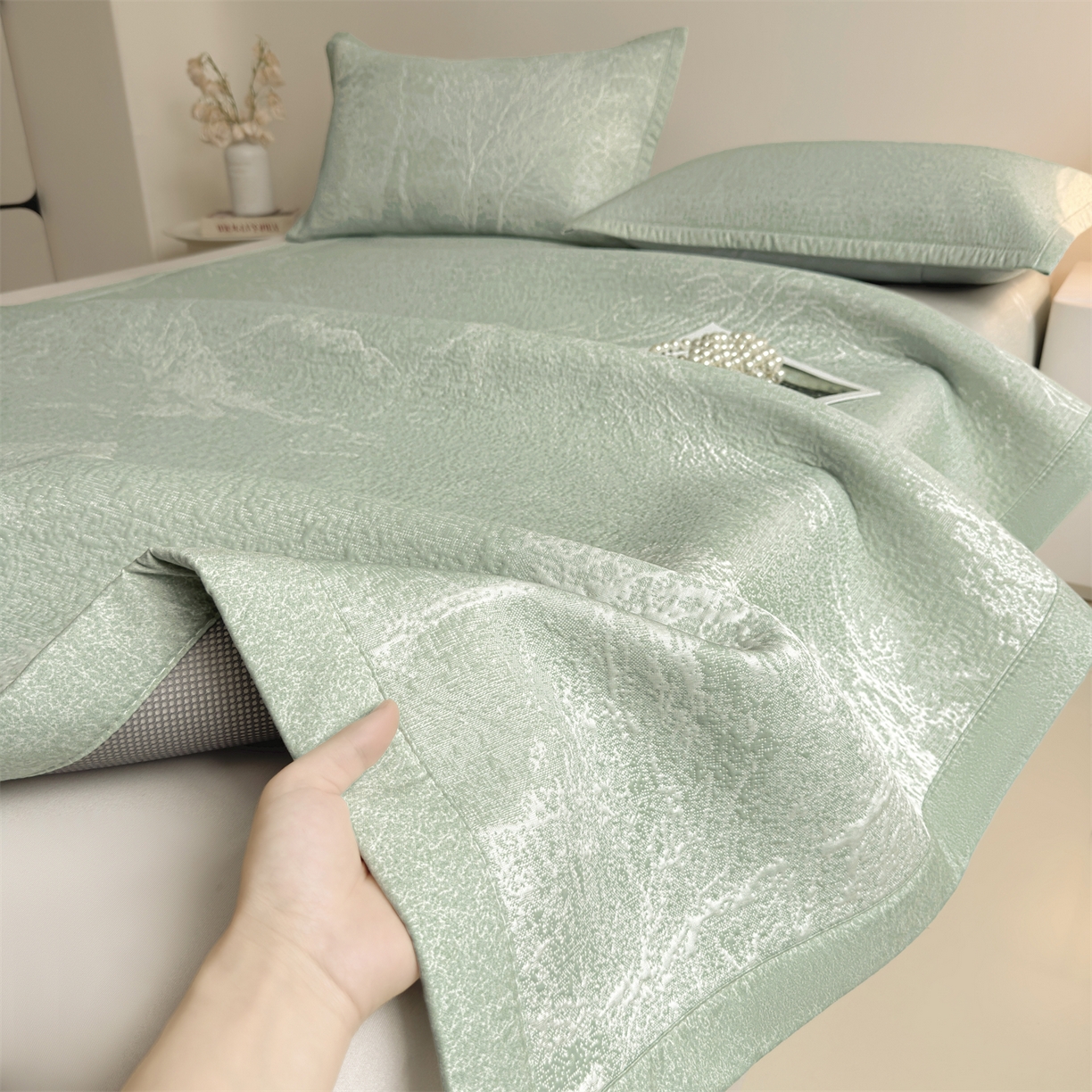 91家纺网 家纺一手货源 找家纺 慕木家纺 2026新品高端复合三明治PE乙纶双面提花610克冰豆豆凉席水墨丹青系列（提供买家秀） 床席款水墨丹青-绿