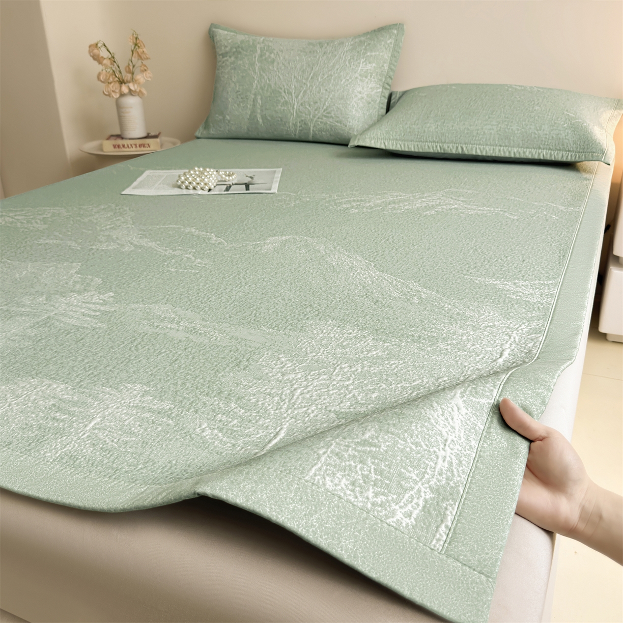 91家纺网 家纺一手货源 找家纺 慕木家纺 2026新品高端复合三明治PE乙纶双面提花610克冰豆豆凉席水墨丹青系列（提供买家秀） 床席款水墨丹青-绿