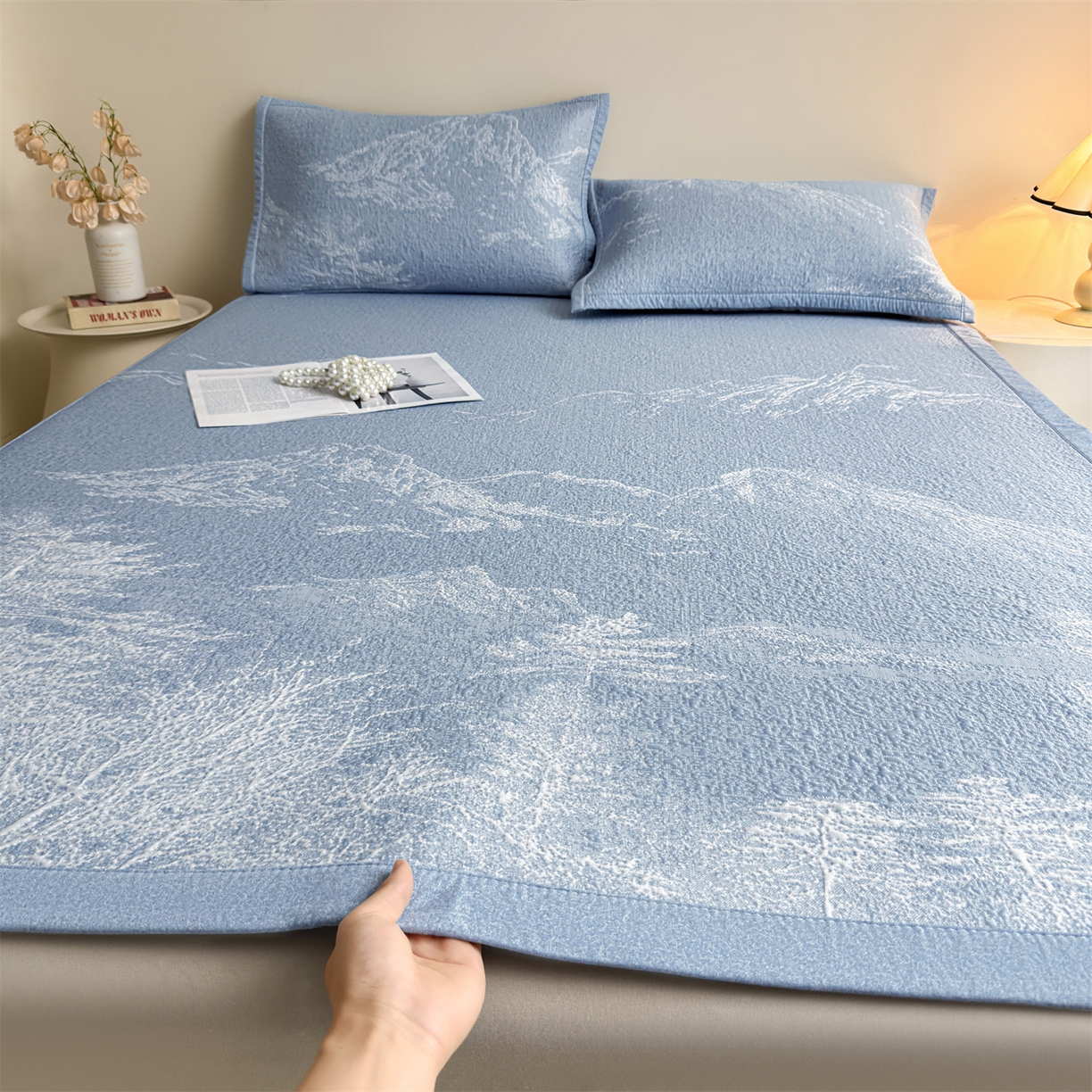 慕木家纺 2026新品高端复合三明治PE乙纶双面提花610克冰豆豆凉席水墨丹青系列（提供买家秀） 床席款水墨丹青-蓝