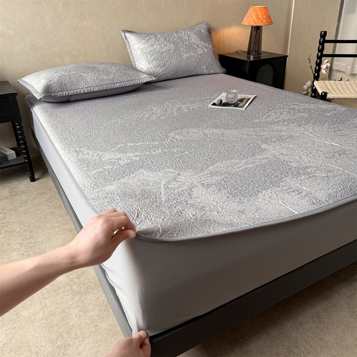 慕木家纺 2026新品高端复合三明治PE乙纶双面提花610克冰豆豆凉席水墨丹青系列（提供买家秀） 床笠款水墨丹青-灰