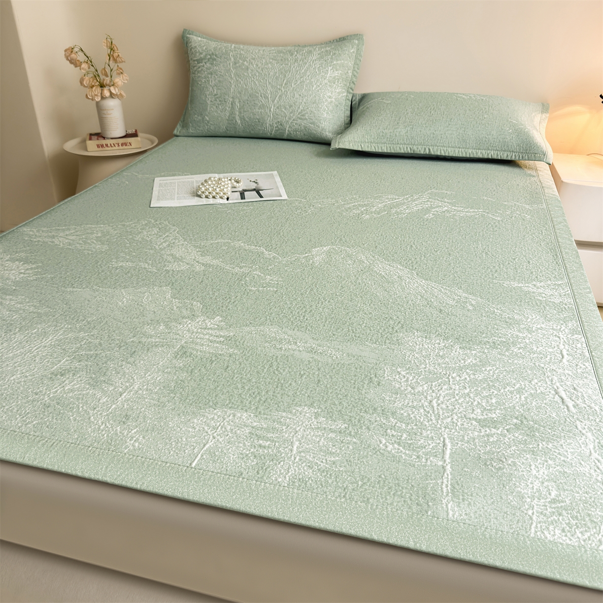 91家纺网 家纺一手货源 找家纺 慕木家纺 2026新品高端复合三明治PE乙纶双面提花610克冰豆豆凉席水墨丹青系列（提供买家秀） 床席款水墨丹青-绿