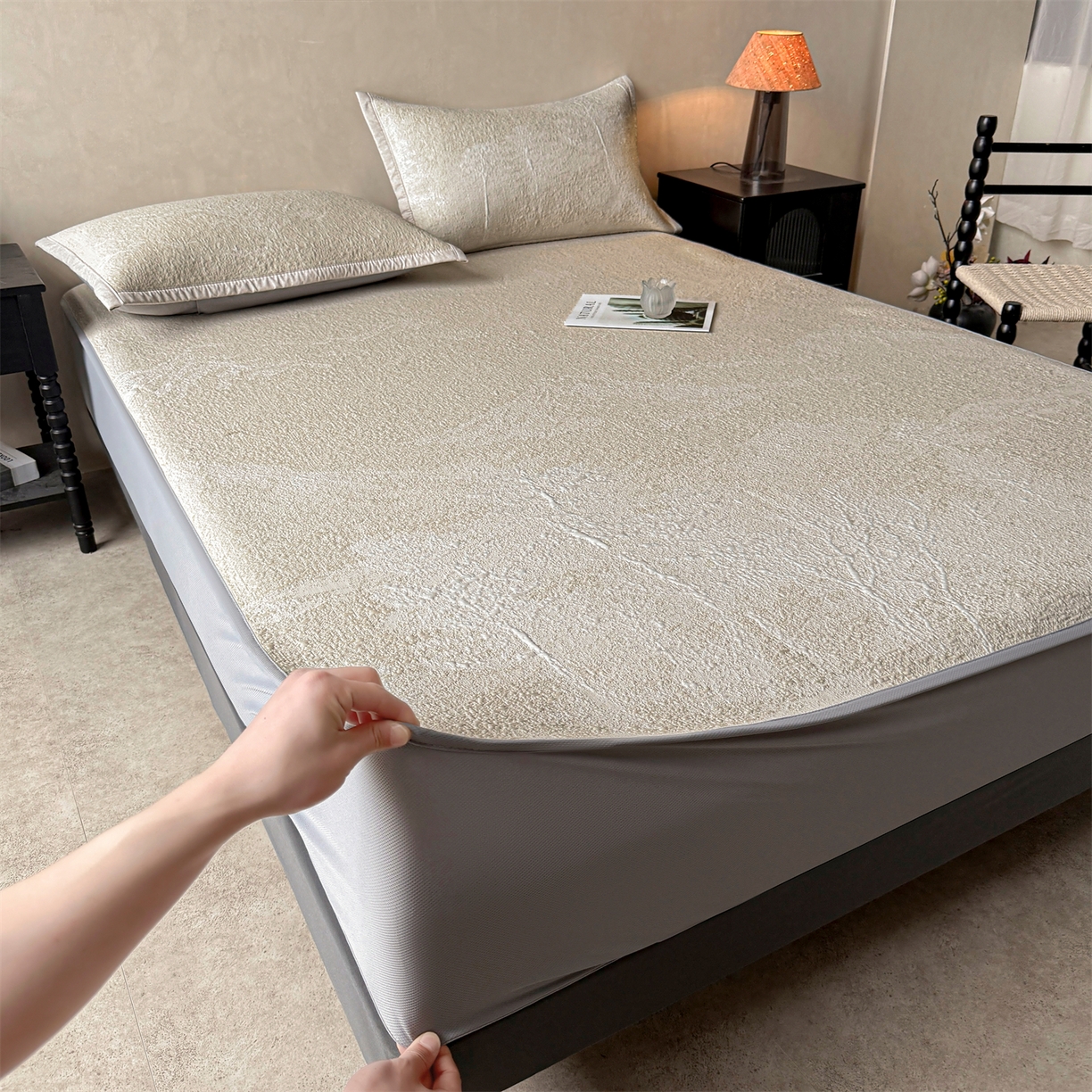 慕木家纺 2026新品高端复合三明治PE乙纶双面提花610克冰豆豆凉席水墨丹青系列（提供买家秀） 床笠款水墨丹青-卡其