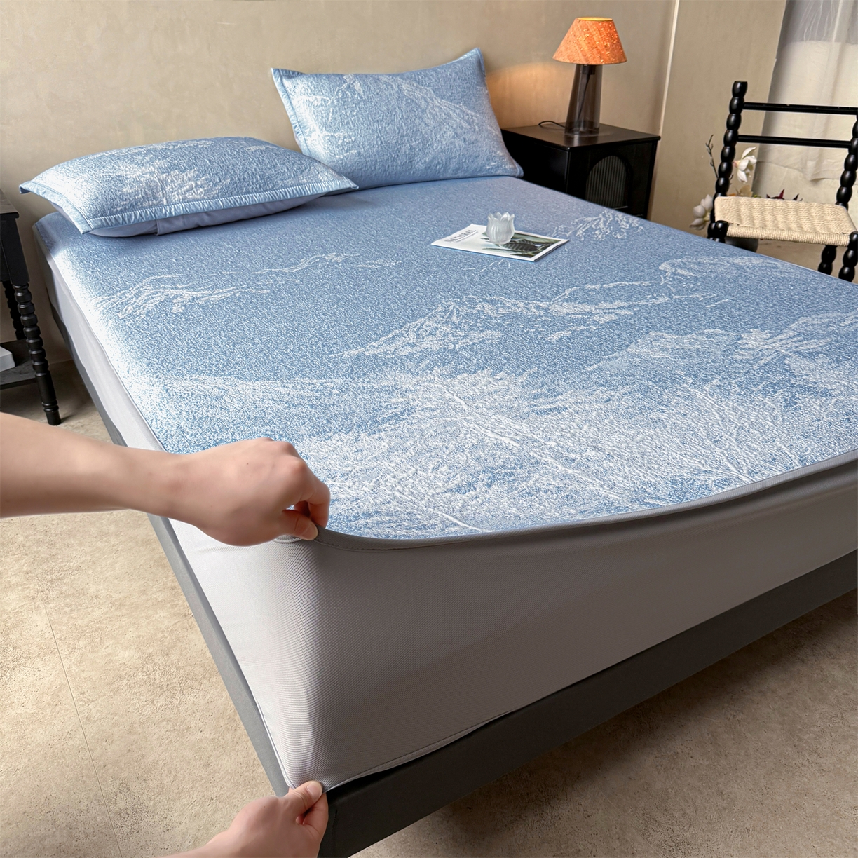 慕木家纺 2026新品高端复合三明治PE乙纶双面提花610克冰豆豆凉席水墨丹青系列（提供买家秀） 床笠款水墨丹青-蓝