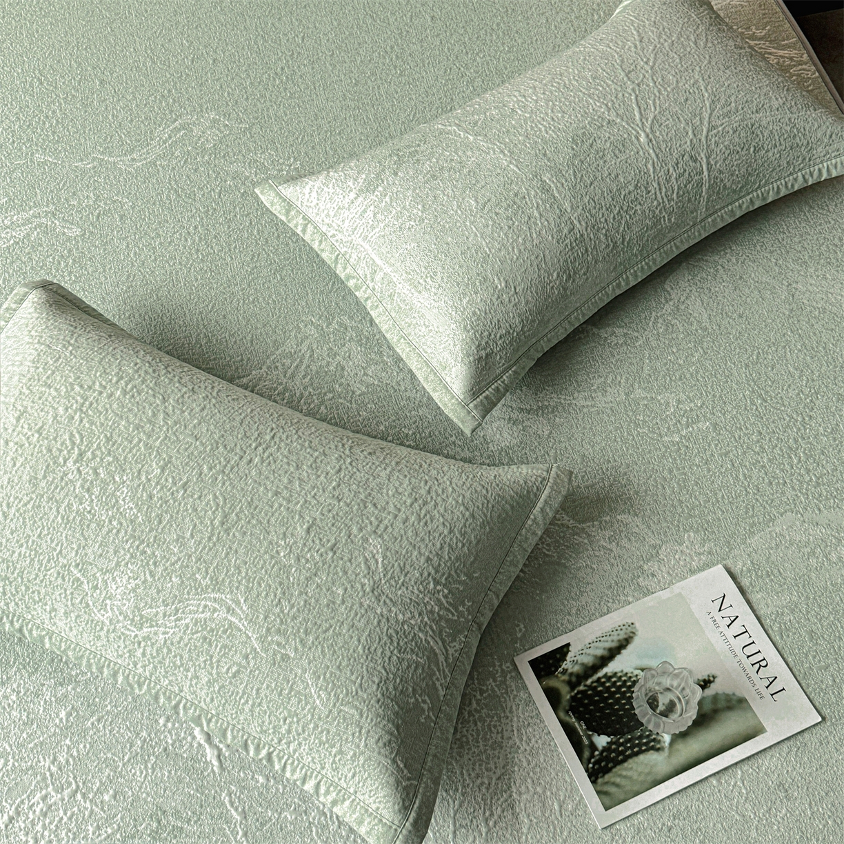 91家纺网 家纺一手货源 找家纺 慕木家纺 2026新品高端复合三明治PE乙纶双面提花610克冰豆豆凉席水墨丹青系列（提供买家秀） 床笠款水墨丹青-绿