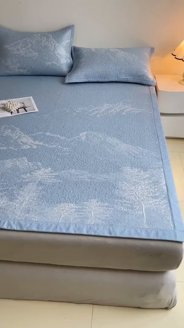 91家纺网 家纺一手货源 找家纺 慕木家纺 2026新品高端复合三明治PE乙纶双面提花610克冰豆豆凉席水墨丹青系列（提供买家秀） 床席款水墨丹青-蓝