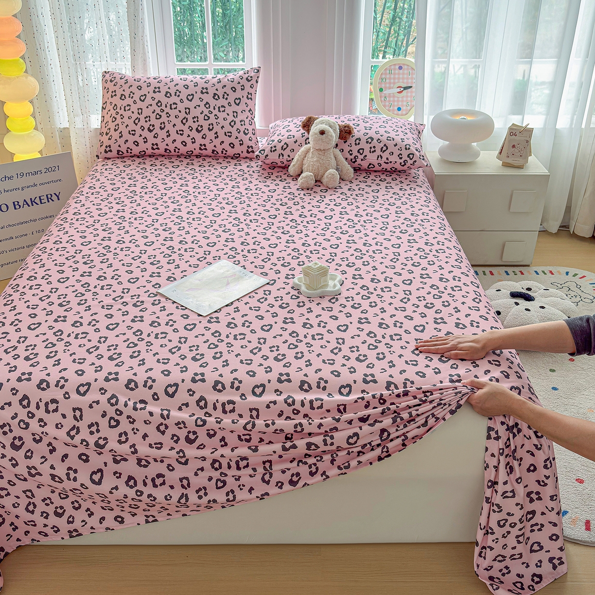 91家纺网 家纺一手货源 找家纺 慕梵家居 2026春夏新款全棉纯棉老粗布单床单 床单单件 豹纹-粉