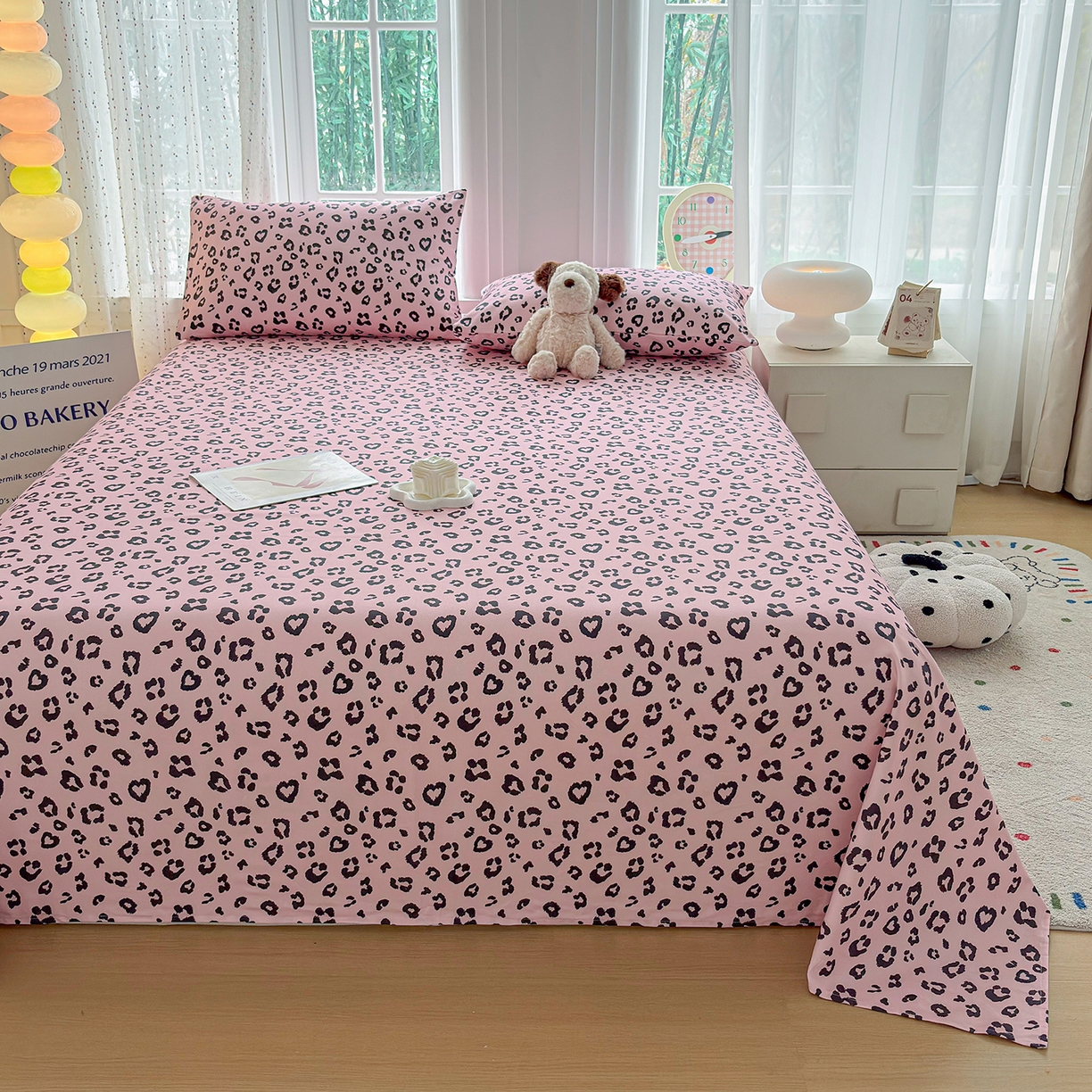 91家纺网 家纺一手货源 找家纺 慕梵家居 2026春夏新款全棉纯棉老粗布单床单 床单单件 豹纹-粉