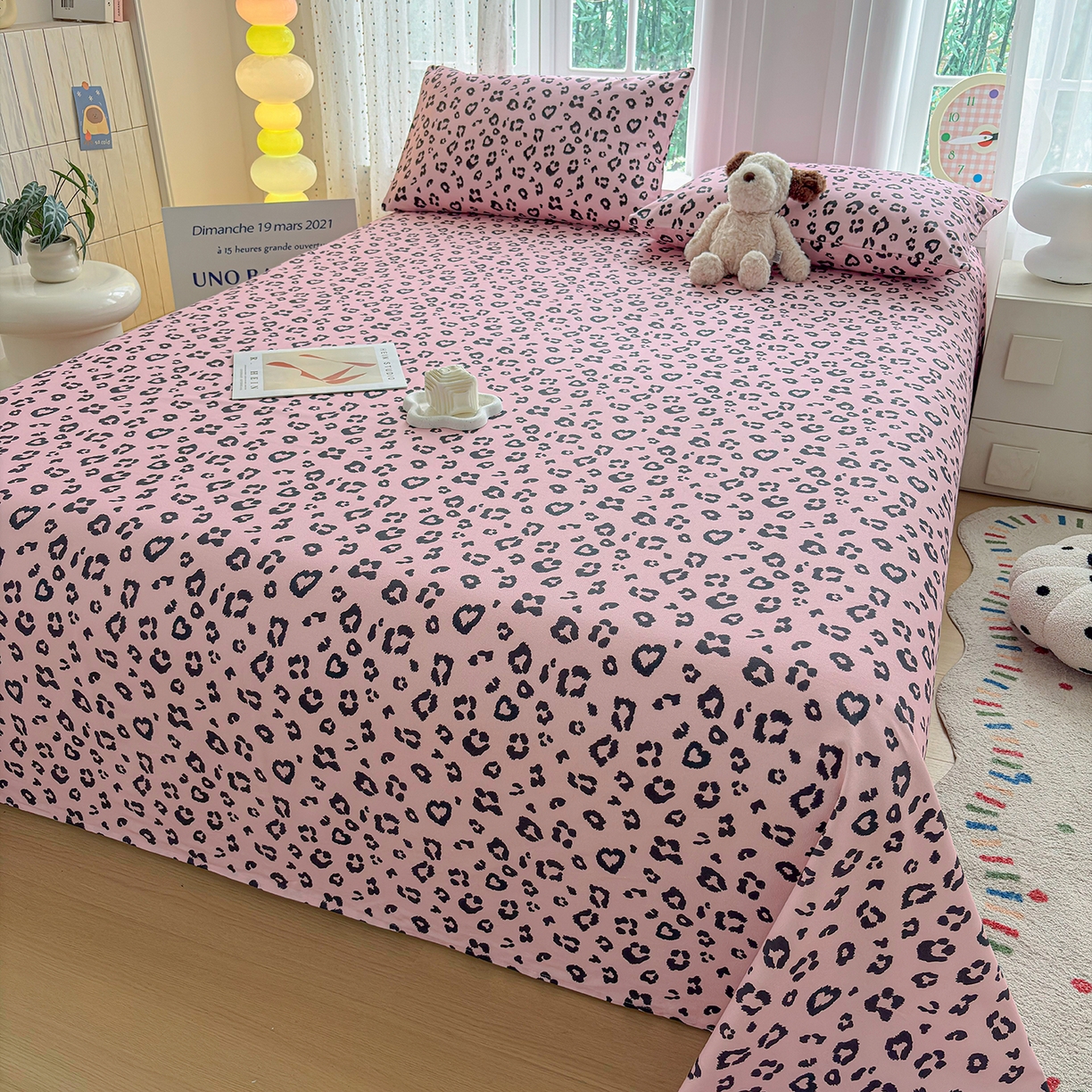 91家纺网 家纺一手货源 找家纺 慕梵家居 2026春夏新款全棉纯棉老粗布单床单 床单单件 豹纹-粉