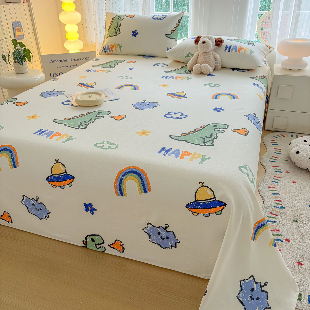 91家纺网 家纺一手货源 找家纺 慕梵家居 2026春夏新款全棉纯棉老粗布单床单 床单单件 彩虹飞船