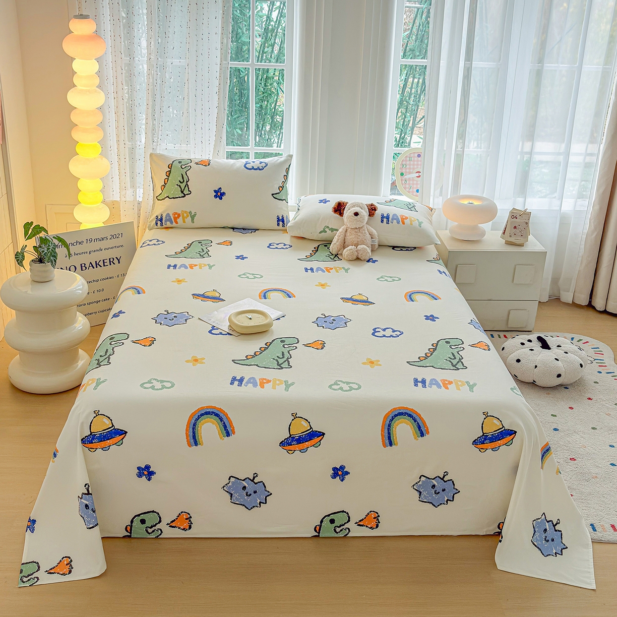 91家纺网 家纺一手货源 找家纺 慕梵家居 2026春夏新款全棉纯棉老粗布单床单 床单单件 彩虹飞船