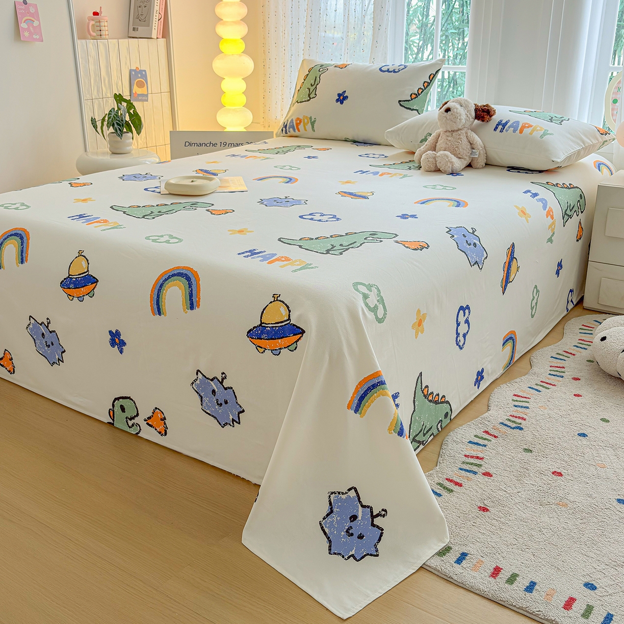 91家纺网 家纺一手货源 找家纺 慕梵家居 2026春夏新款全棉纯棉老粗布单床单 床单单件 彩虹飞船