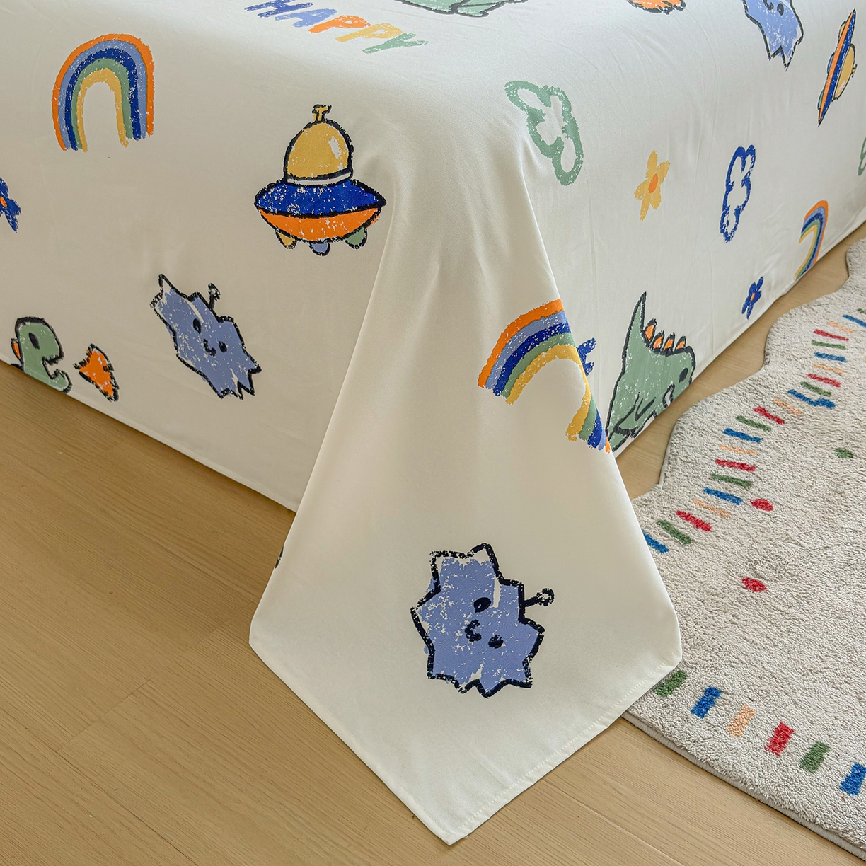 91家纺网 家纺一手货源 找家纺 慕梵家居 2026春夏新款全棉纯棉老粗布单床单 床单单件 彩虹飞船