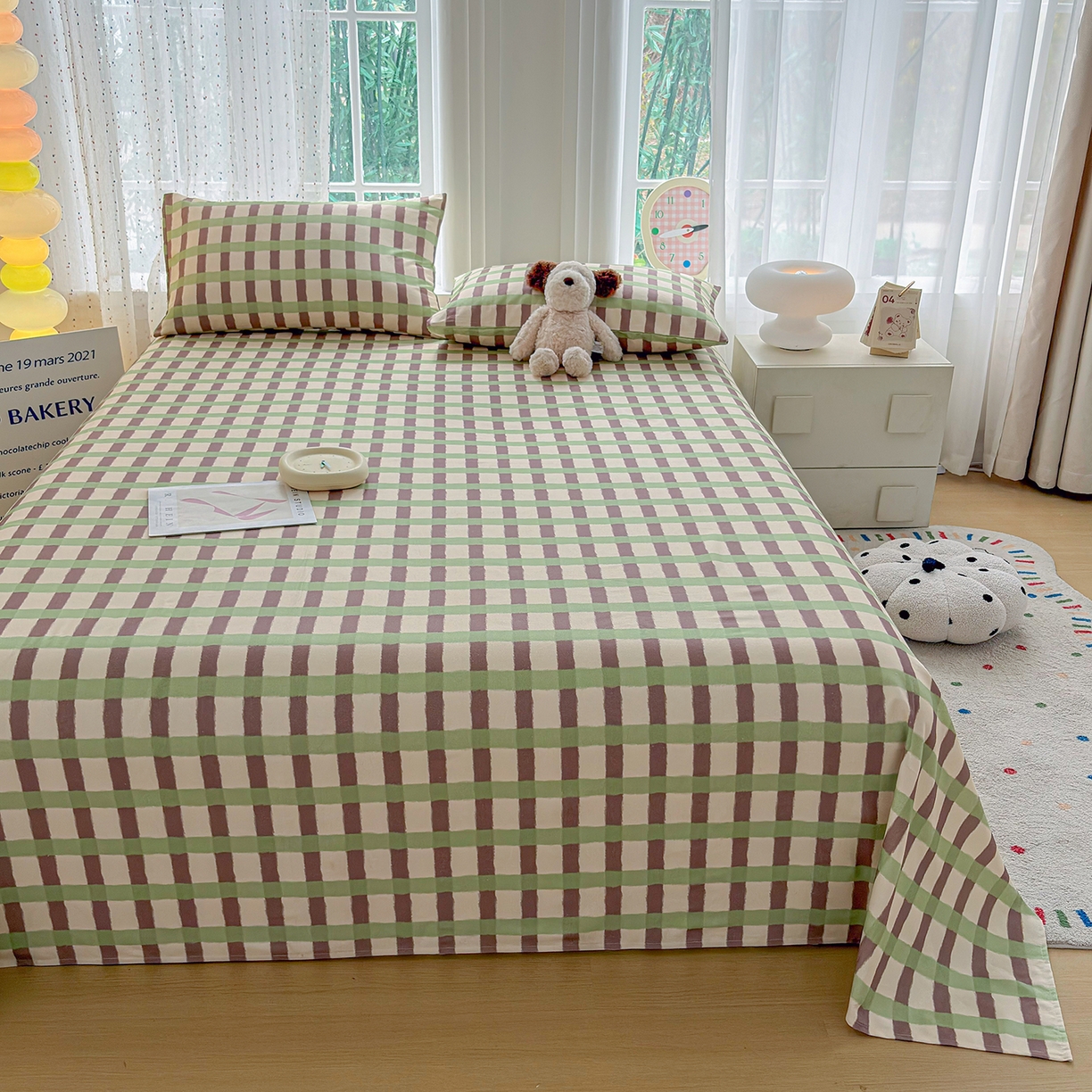 91家纺网 家纺一手货源 找家纺 慕梵家居 2026春夏新款全棉纯棉老粗布单床单 床单单件 格言-绿