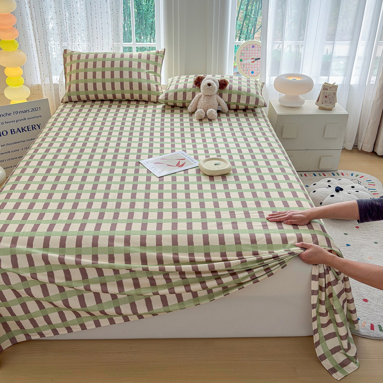 91家纺网 家纺一手货源 找家纺 慕梵家居 2026春夏新款全棉纯棉老粗布单床单 床单单件 格言-绿