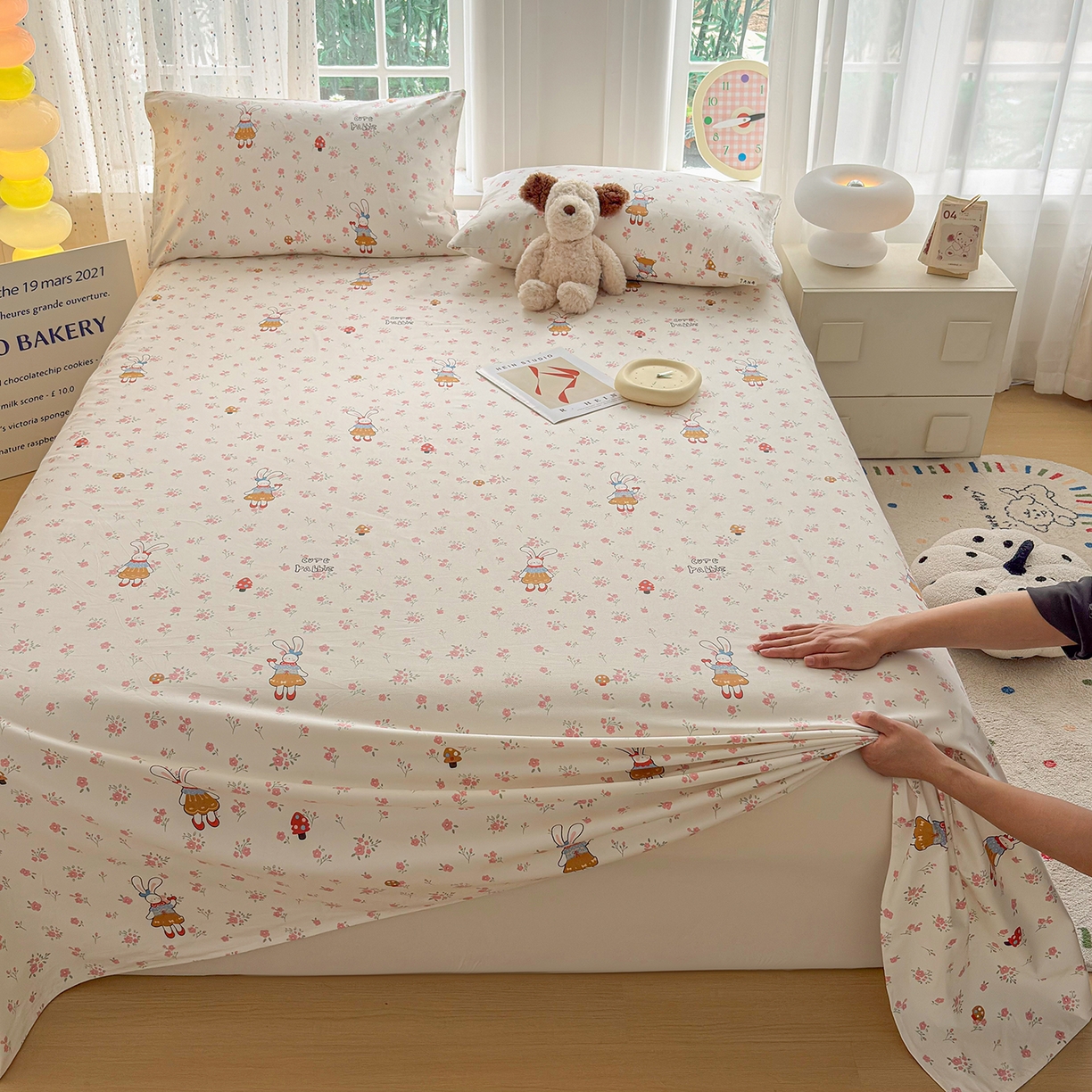 91家纺网 家纺一手货源 找家纺 慕梵家居 2026春夏新款全棉纯棉老粗布单床单 床单单件 蘑菇兔