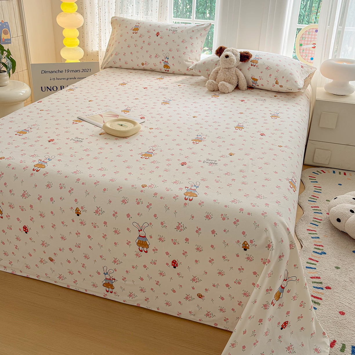 91家纺网 家纺一手货源 找家纺 慕梵家居 2026春夏新款全棉纯棉老粗布单床单 床单单件 蘑菇兔