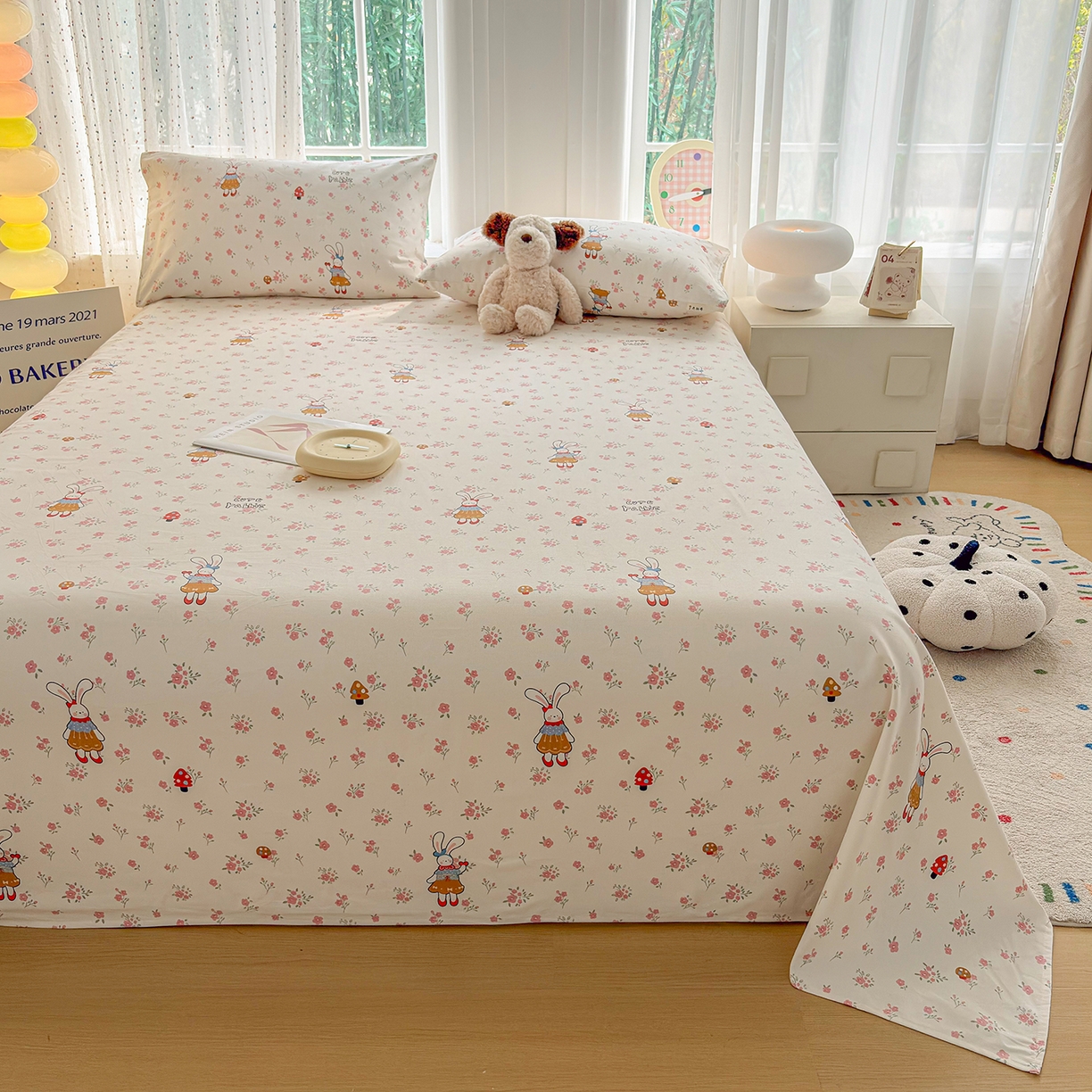 91家纺网 家纺一手货源 找家纺 慕梵家居 2026春夏新款全棉纯棉老粗布单床单 床单单件 蘑菇兔