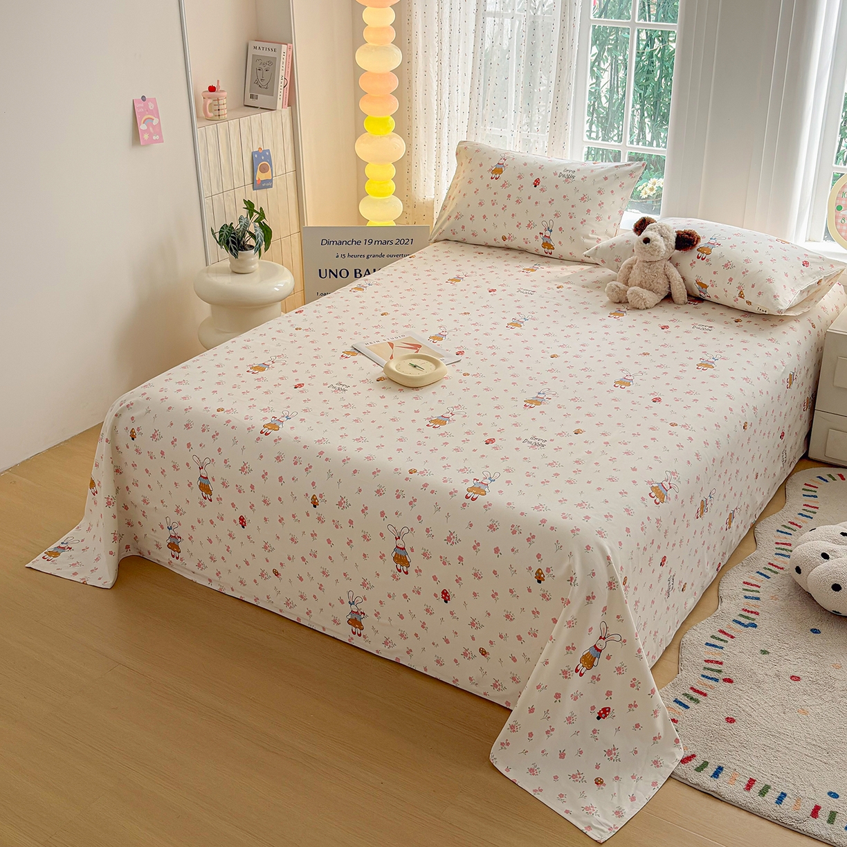 91家纺网 家纺一手货源 找家纺 慕梵家居 2026春夏新款全棉纯棉老粗布单床单 床单单件 蘑菇兔