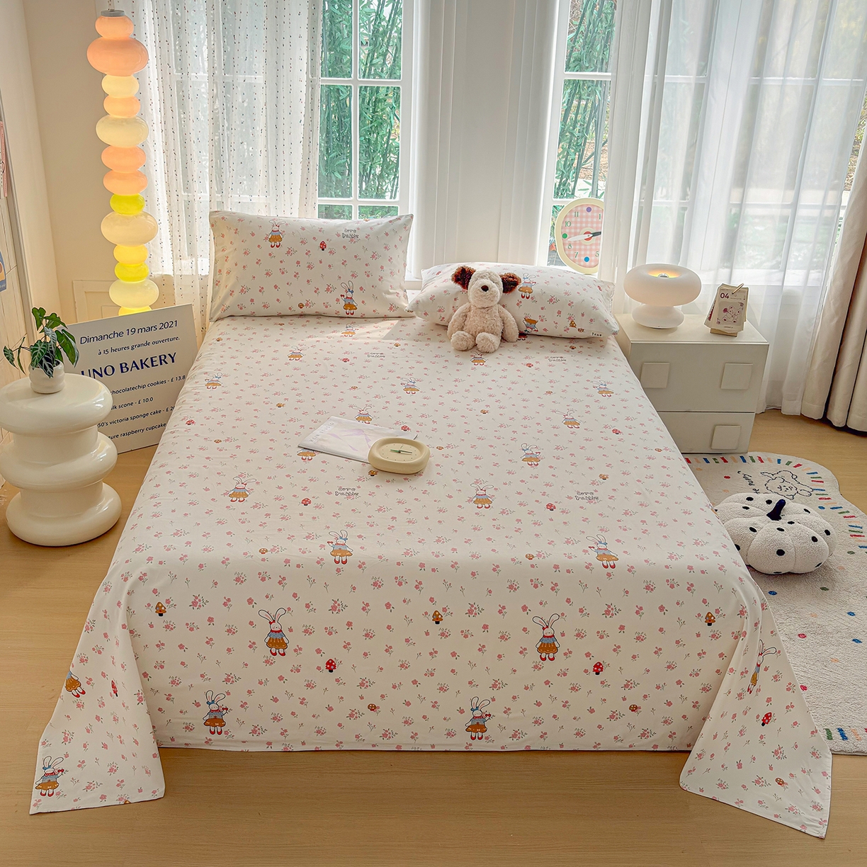 91家纺网 家纺一手货源 找家纺 慕梵家居 2026春夏新款全棉纯棉老粗布单床单 床单单件 蘑菇兔