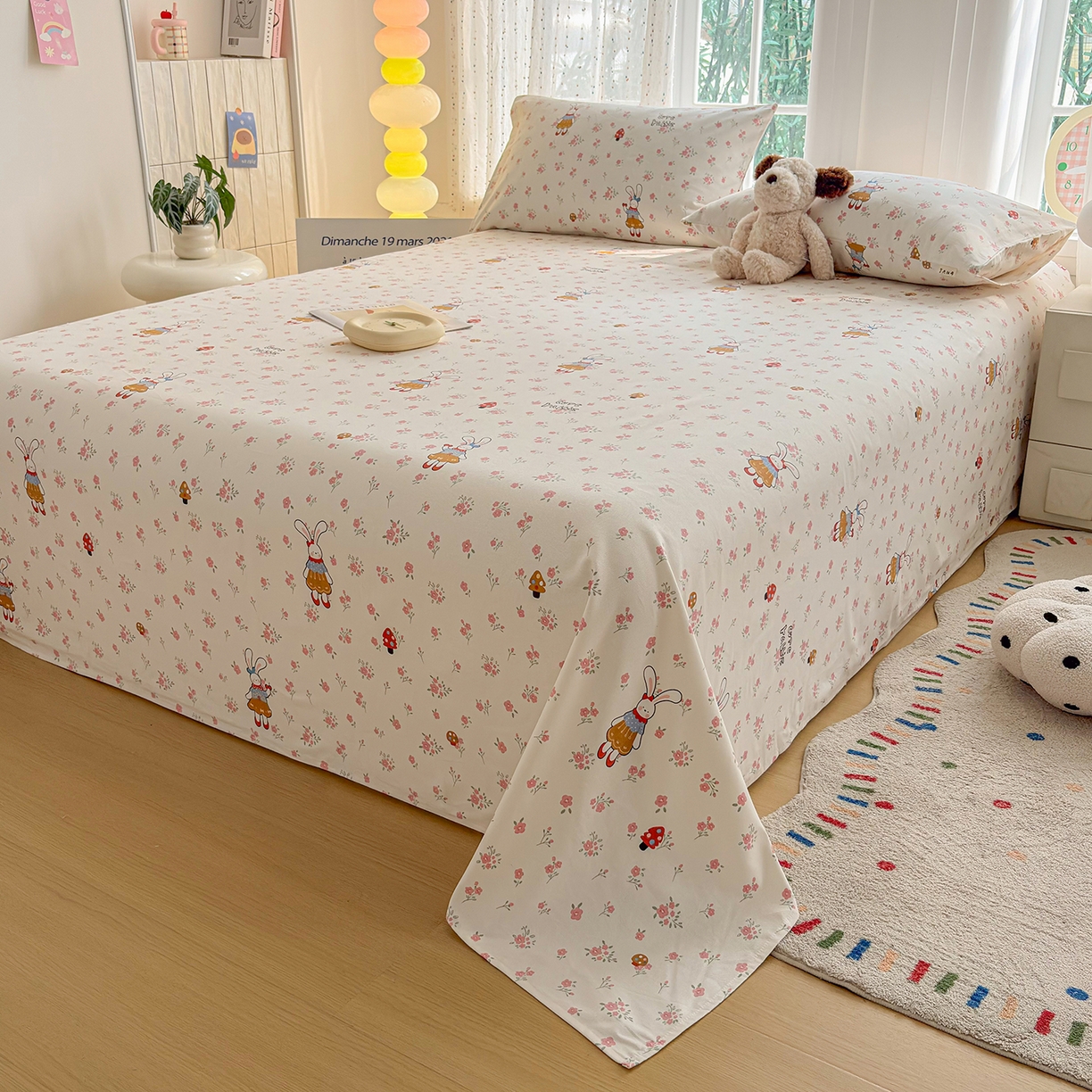 91家纺网 家纺一手货源 找家纺 慕梵家居 2026春夏新款全棉纯棉老粗布单床单 床单单件 蘑菇兔