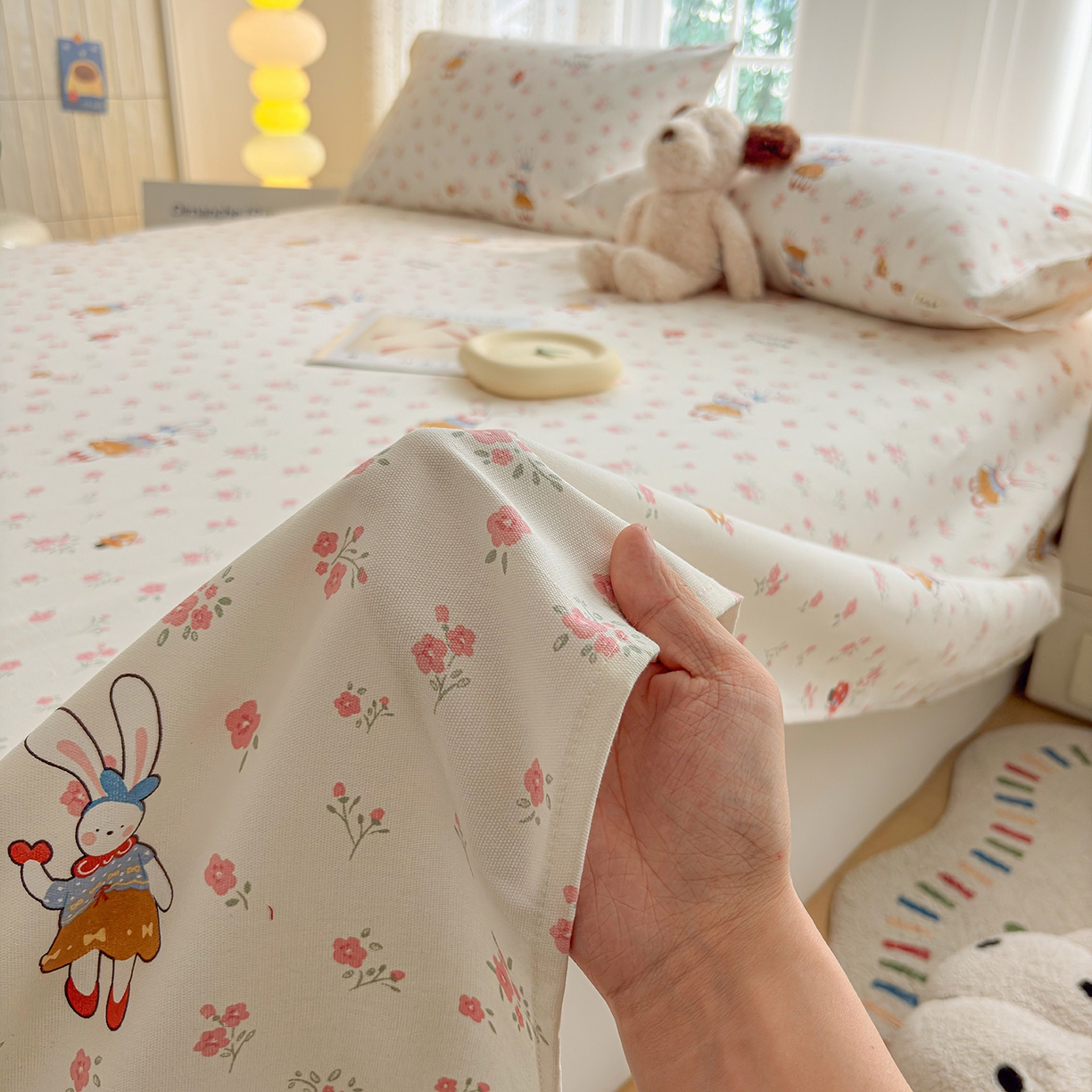 91家纺网 家纺一手货源 找家纺 慕梵家居 2026春夏新款全棉纯棉老粗布单床单 床单单件 蘑菇兔