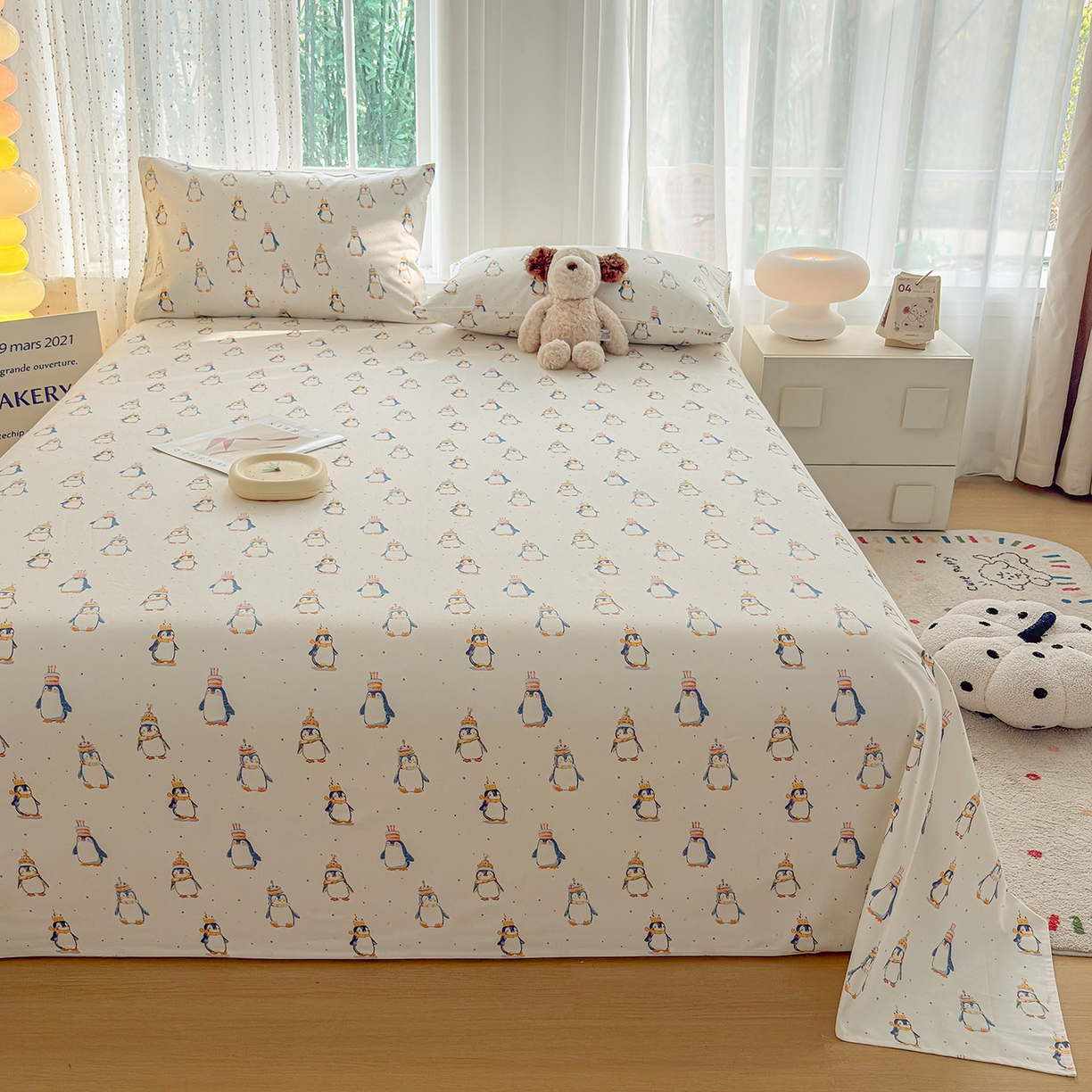 91家纺网 家纺一手货源 找家纺 慕梵家居 2026春夏新款全棉纯棉老粗布单床单 床单单件 企鹅