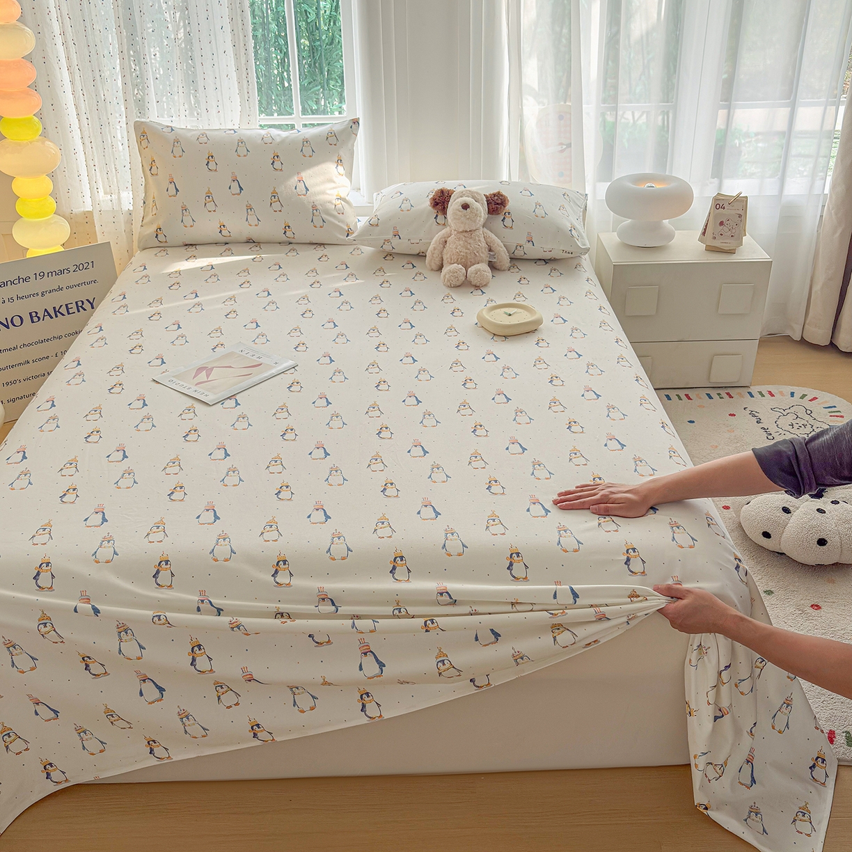 91家纺网 家纺一手货源 找家纺 慕梵家居 2026春夏新款全棉纯棉老粗布单床单 床单单件 企鹅