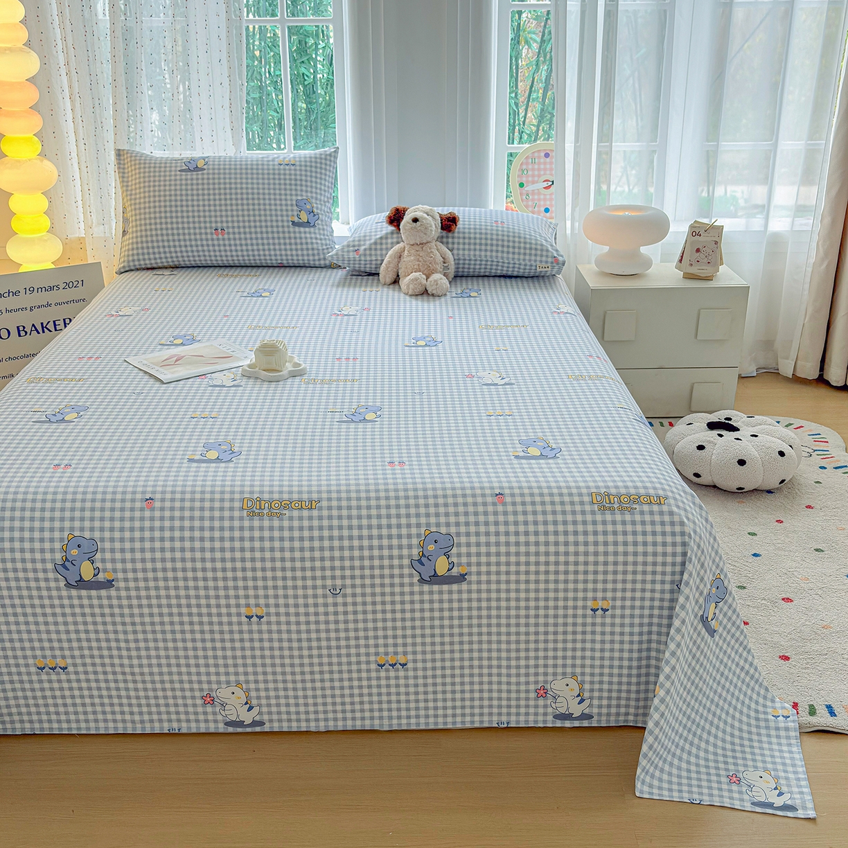 91家纺网 家纺一手货源 找家纺 慕梵家居 2026春夏新款全棉纯棉老粗布单床单 床单单件 小恐龙