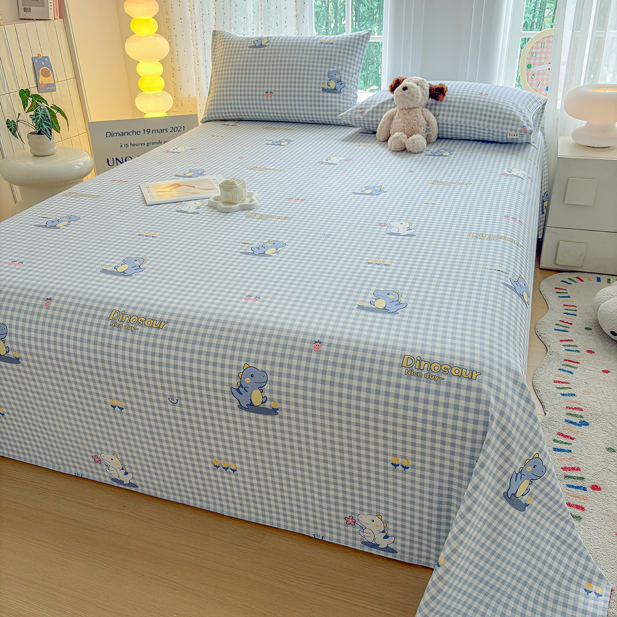 91家纺网 家纺一手货源 找家纺 慕梵家居 2026春夏新款全棉纯棉老粗布单床单 床单单件 小恐龙