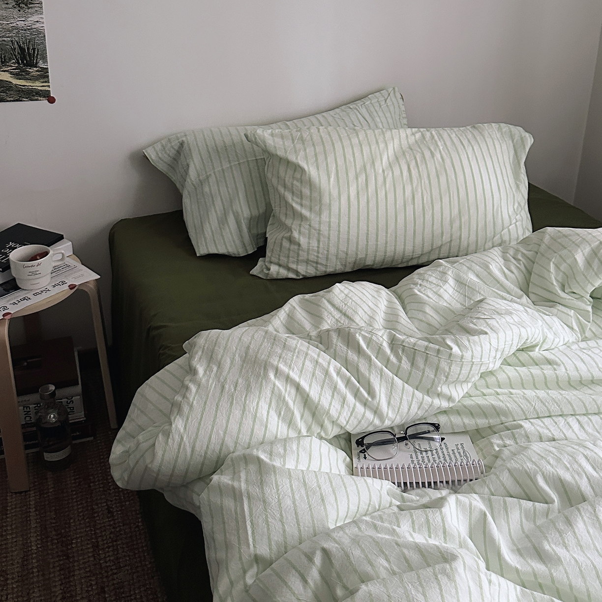 91家纺网 家纺一手货源 找家纺  柚可家居 2025新款全棉色织水洗棉四件套-绿鸭湖 绿鸭湖（枕套绿条纹）