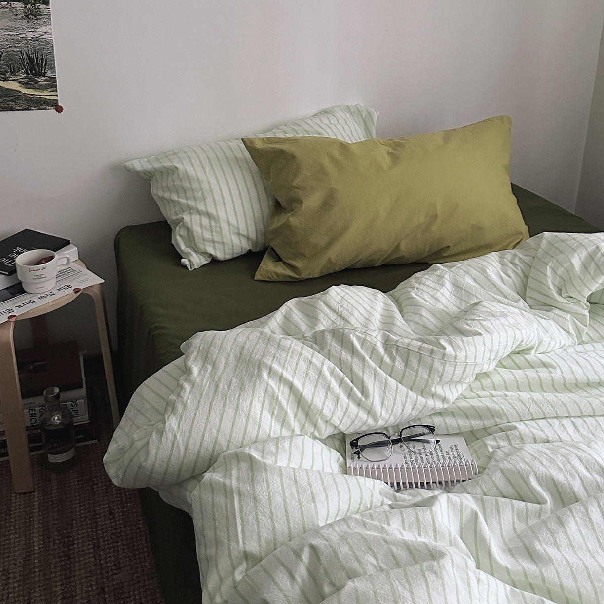 91家纺网 家纺一手货源 找家纺 柚可家居 2025新款全棉色织水洗棉四件套-绿鸭湖 绿鸭湖（枕套绿条纹+抹茶绿）