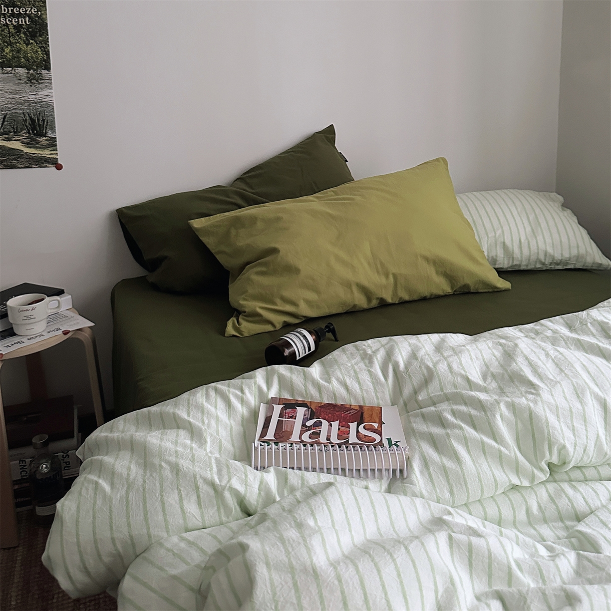 91家纺网 家纺一手货源 找家纺 （总）柚可家居 2025新款全棉色织水洗棉四件套-绿鸭湖