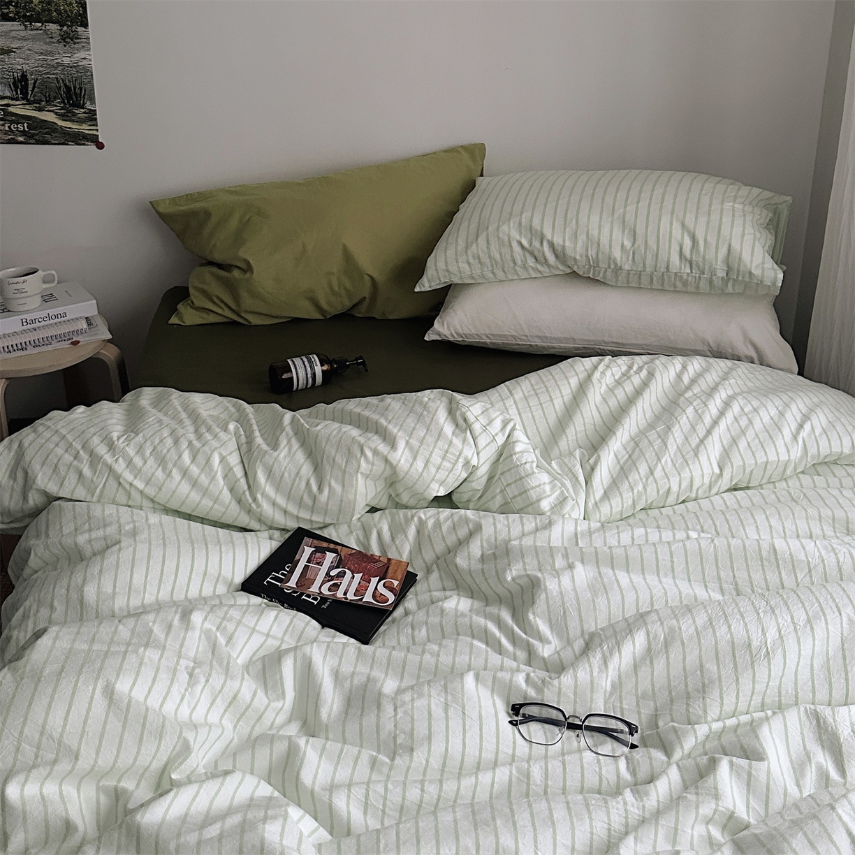 91家纺网 家纺一手货源 找家纺 （总）柚可家居 2025新款全棉色织水洗棉四件套-绿鸭湖