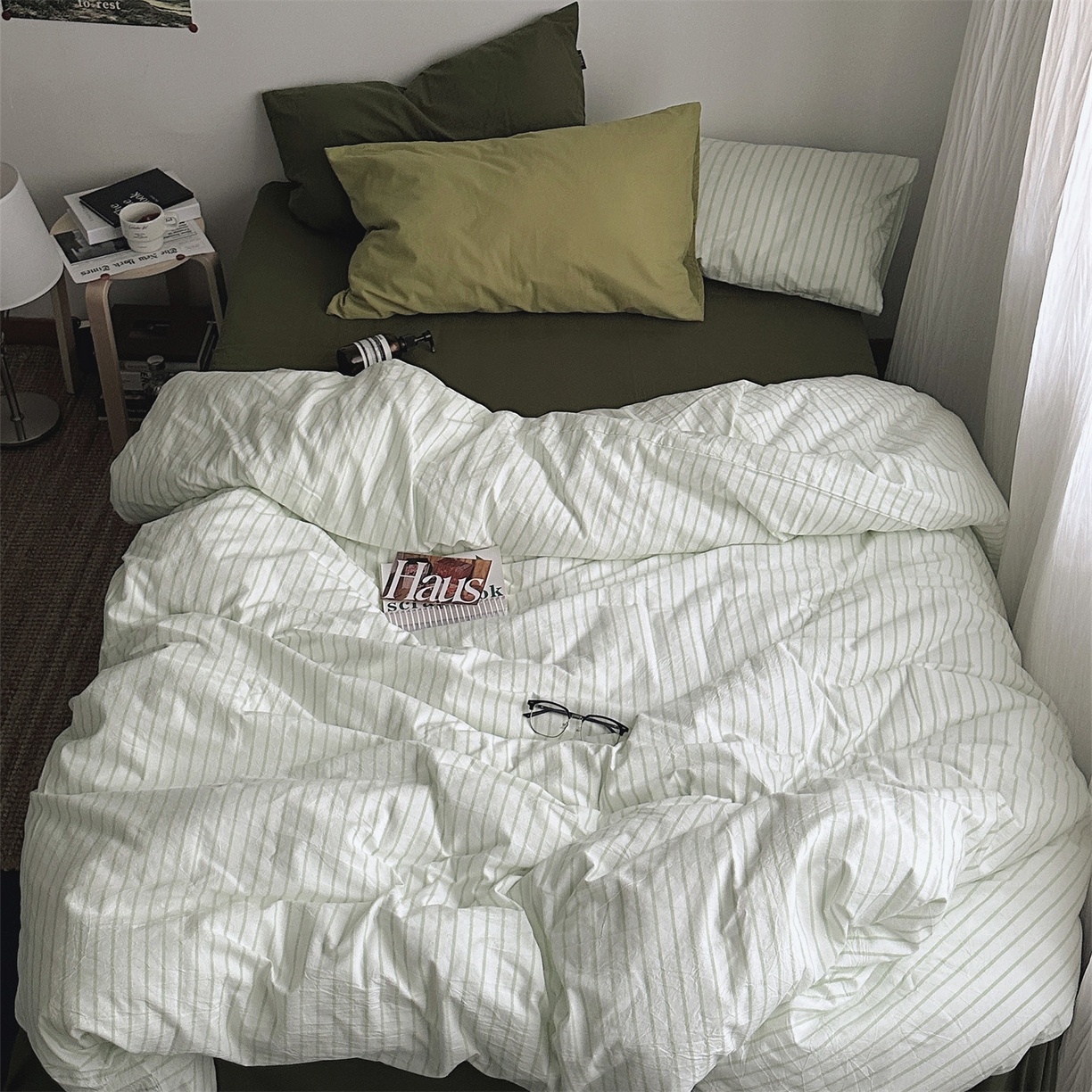 91家纺网 家纺一手货源 找家纺 （总）柚可家居 2025新款全棉色织水洗棉四件套-绿鸭湖