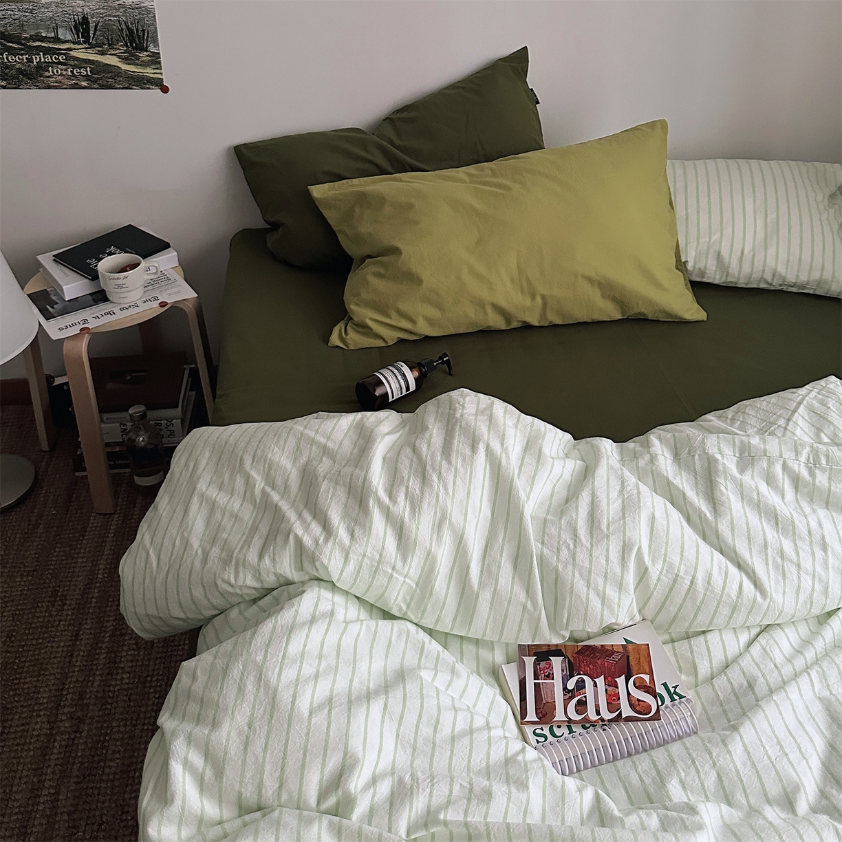 91家纺网 家纺一手货源 找家纺 （总）柚可家居 2025新款全棉色织水洗棉四件套-绿鸭湖