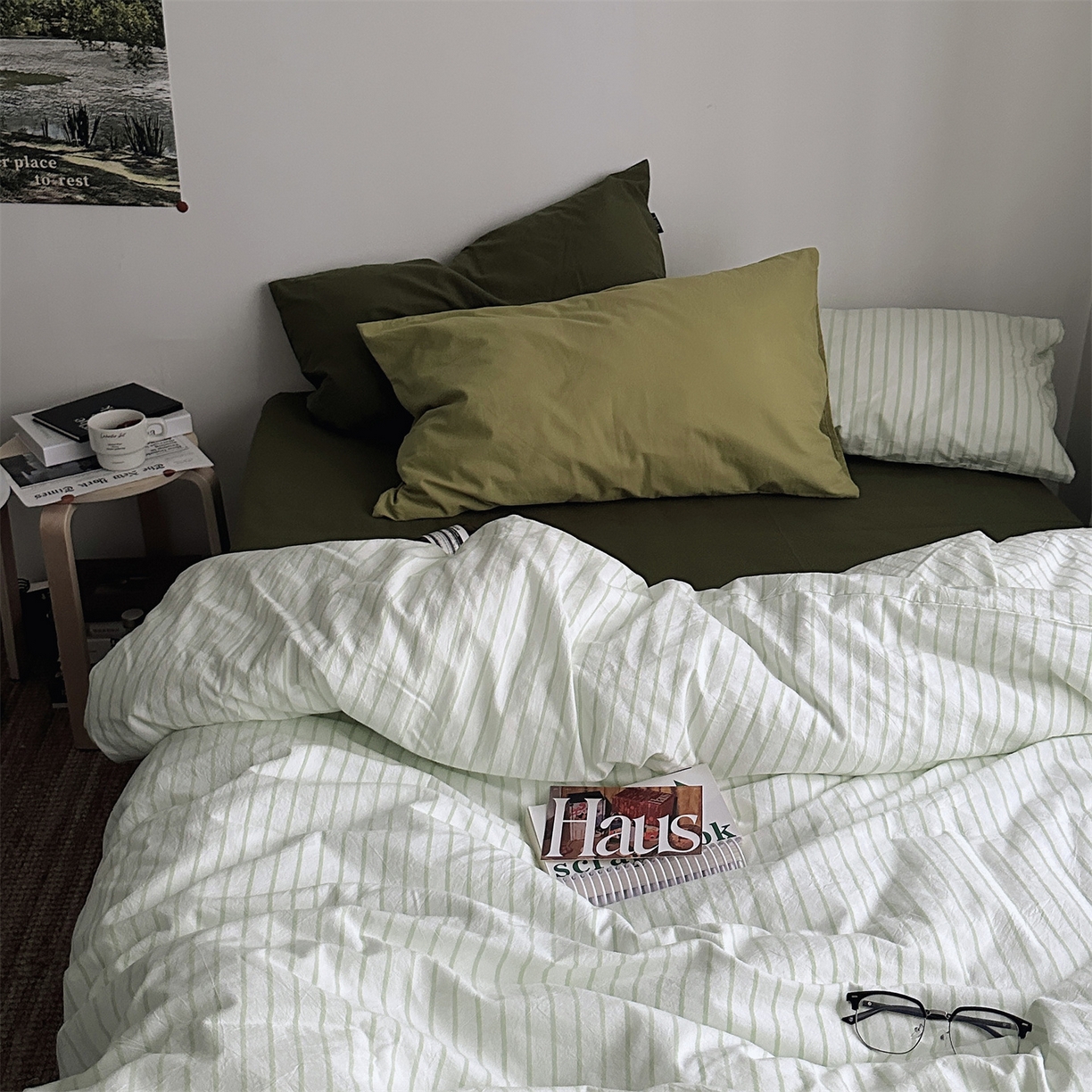 91家纺网 家纺一手货源 找家纺 （总）柚可家居 2025新款全棉色织水洗棉四件套-绿鸭湖