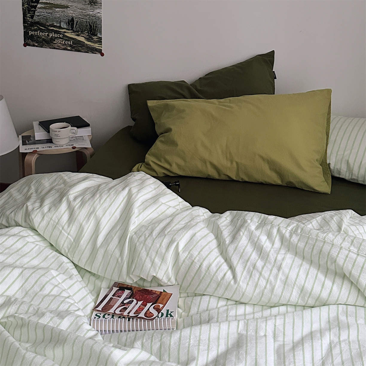 91家纺网 家纺一手货源 找家纺 （总）柚可家居 2025新款全棉色织水洗棉四件套-绿鸭湖