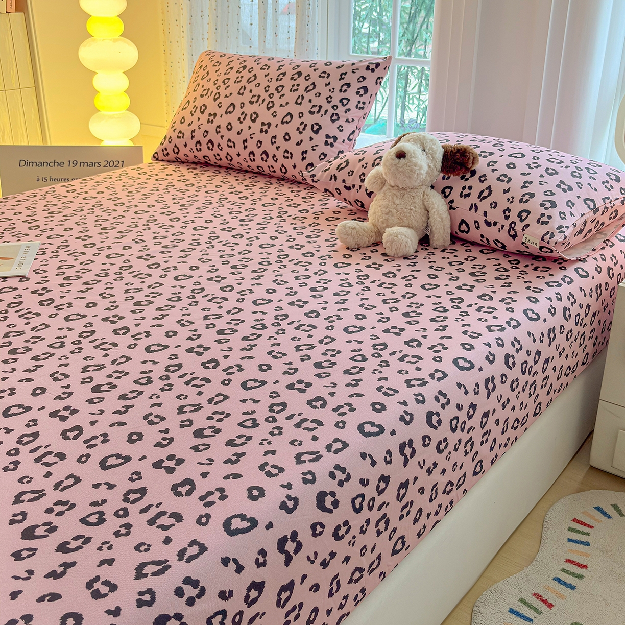 91家纺网 家纺一手货源 找家纺 慕梵家居 2026春夏新款全棉纯棉老粗布单床笠 床笠单件 豹纹-粉