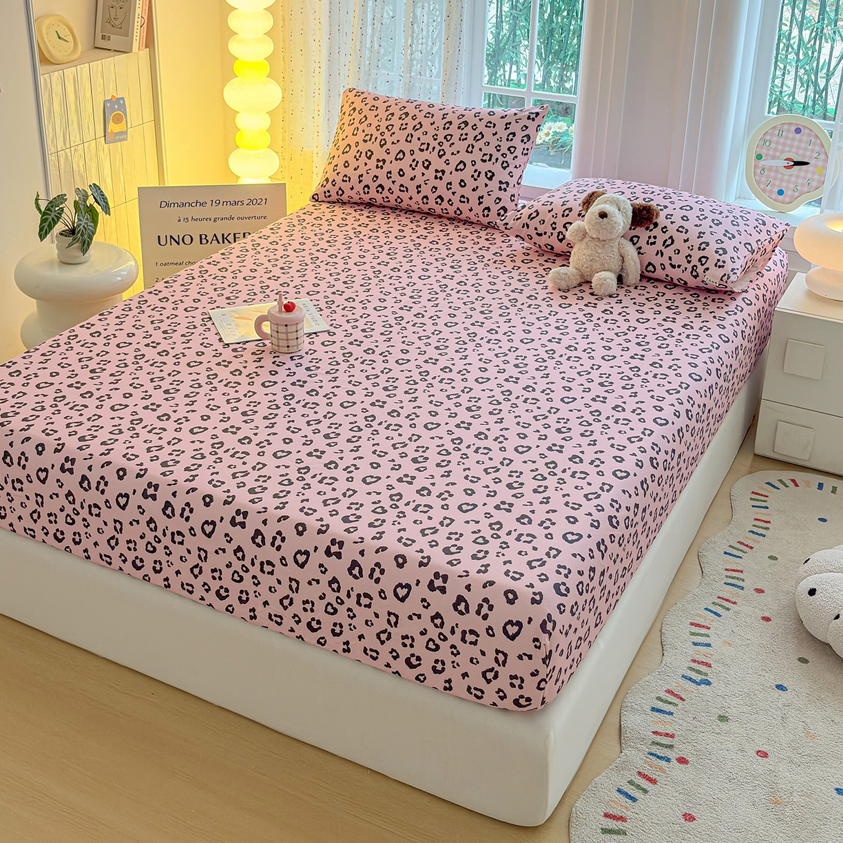 91家纺网 家纺一手货源 找家纺 慕梵家居 2026春夏新款全棉纯棉老粗布单床笠 床笠单件 豹纹-粉