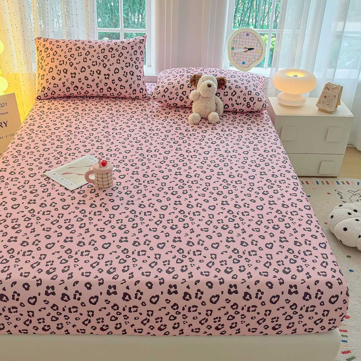 91家纺网 家纺一手货源 找家纺 慕梵家居 2026春夏新款全棉纯棉老粗布单床笠 床笠单件 豹纹-粉